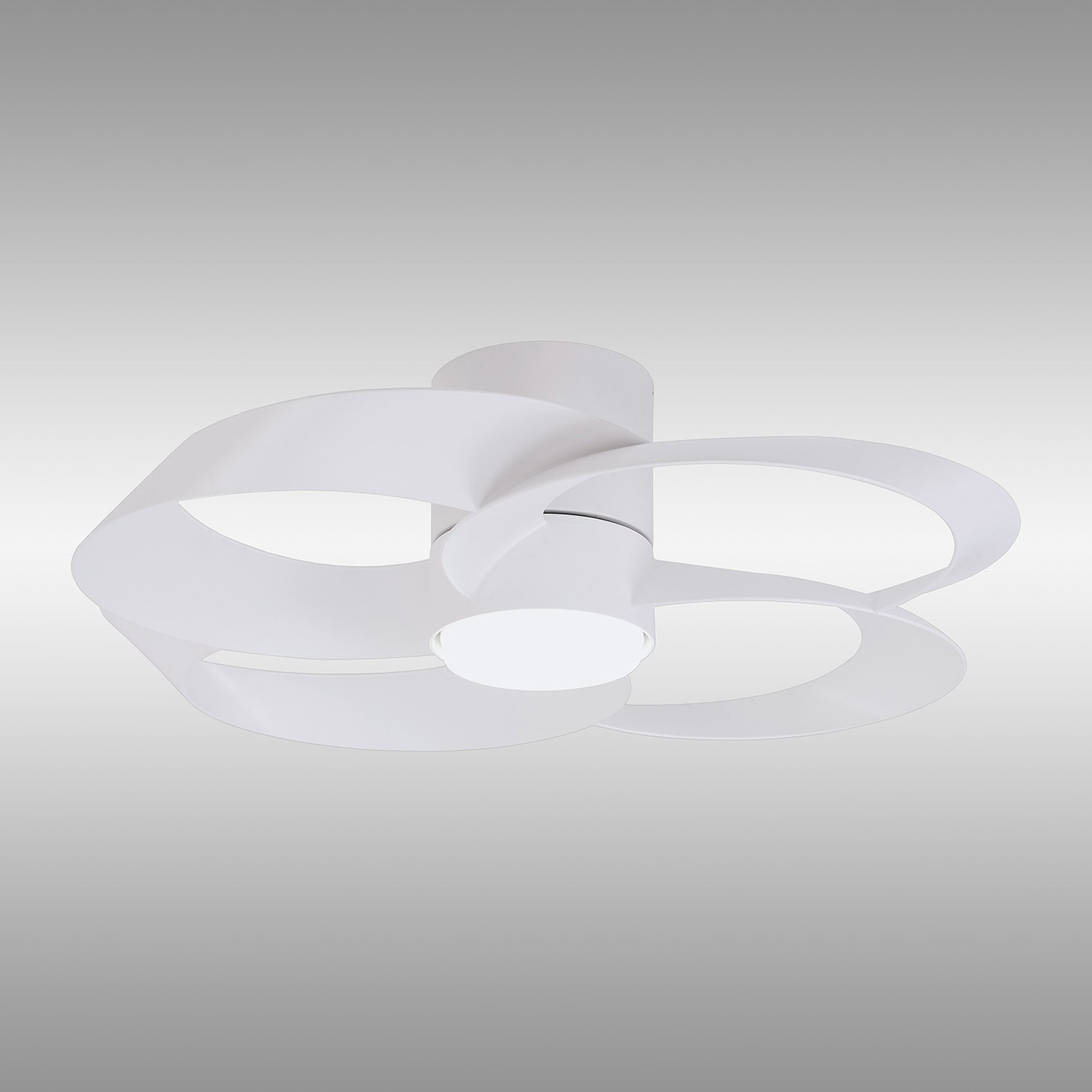 Ceiling Fans UK's Rose White 65cm Ceiling Fan with Light features a sleek, artistic design with interlocking circular metal loops in white surrounding a 24W dimmable LED light. A background gradient of white to light gray adds elegance, similar to the remote-controlled and reversible fan options available.