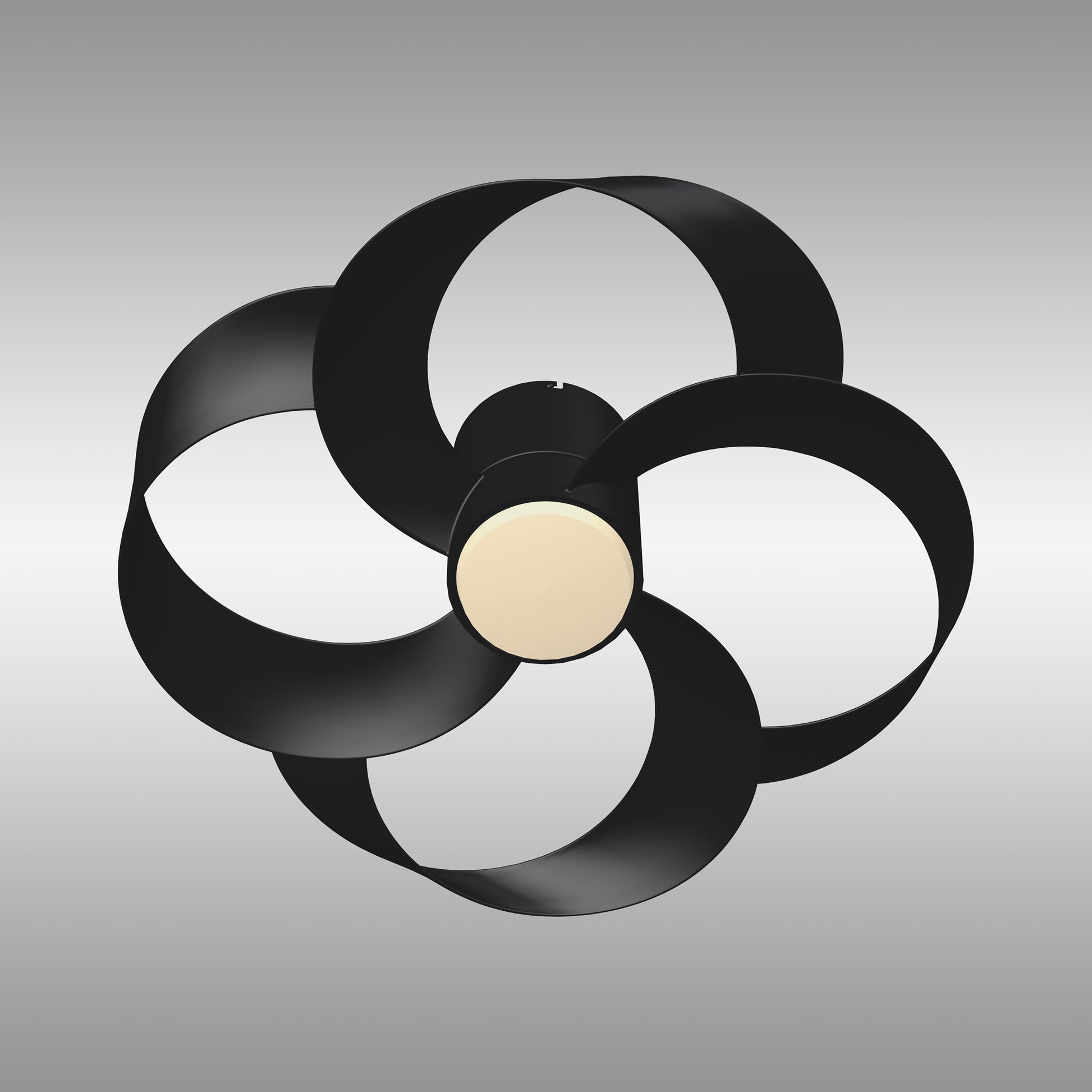 Introducing the Rose Black 65cm Ceiling Fan with Light from Ceiling Fans UK, a sophisticated ceiling fixture boasting a sleek, artistic design. This modern piece features four wide, curved black blades set in a circular pattern around a central cylindrical 24W LED dimmable light source. The smooth, round light cover emits a soft, diffused glow perfect for illuminating any room while its built-in 22W DC reversible fan and remote control offer ultimate convenience and functionality.
