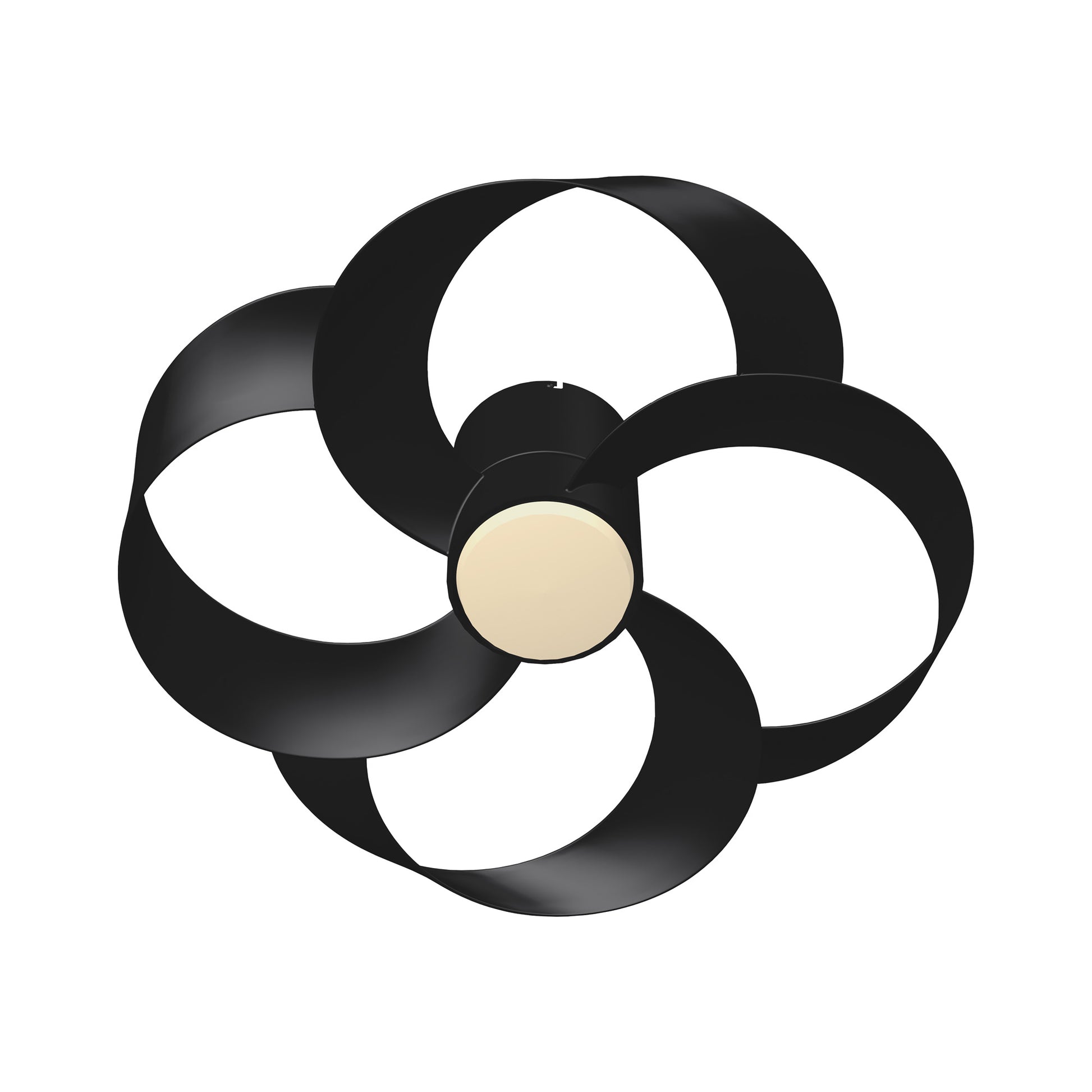 The Rose Black 65cm Ceiling Fan with Light by Ceiling Fans UK features four wide, curved blades and a central circular 24W LED dimmable light fixture. The elegant, swirling design of the blades gives this ceiling fan a contemporary and artistic appearance. Equipped with a built-in 22W reversible DC fan and remote control, the Rose Black Ceiling Fan stands out beautifully against a plain white background.