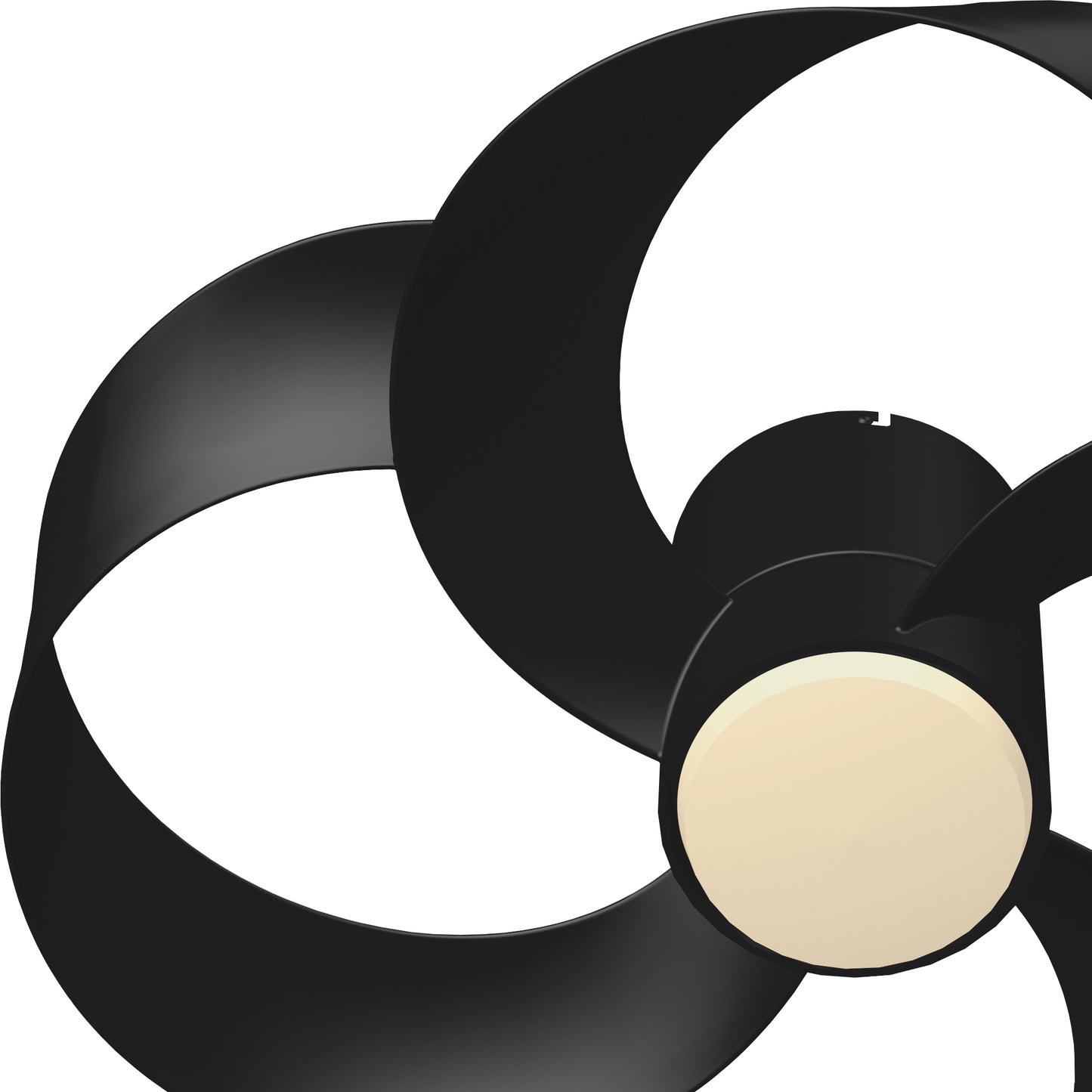 Close-up image of the Rose Black 65cm Ceiling Fan with Light by Ceiling Fans UK, featuring three elegantly curved blades and a minimalist 24W LED dimmable light fixture at the center. The sleek, aerodynamic design of the blades complements the built-in 22W DC reversible fan, offering both style and contemporary elegance. This remote-controlled ceiling fan is a perfect addition to any modern space.