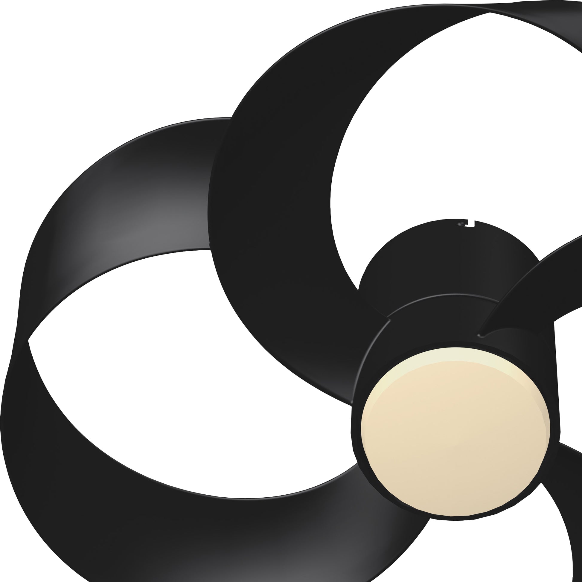 Close-up image of the Rose Black 65cm Ceiling Fan with Light by Ceiling Fans UK, featuring three elegantly curved blades and a minimalist 24W LED dimmable light fixture at the center. The sleek, aerodynamic design of the blades complements the built-in 22W DC reversible fan, offering both style and contemporary elegance. This remote-controlled ceiling fan is a perfect addition to any modern space.