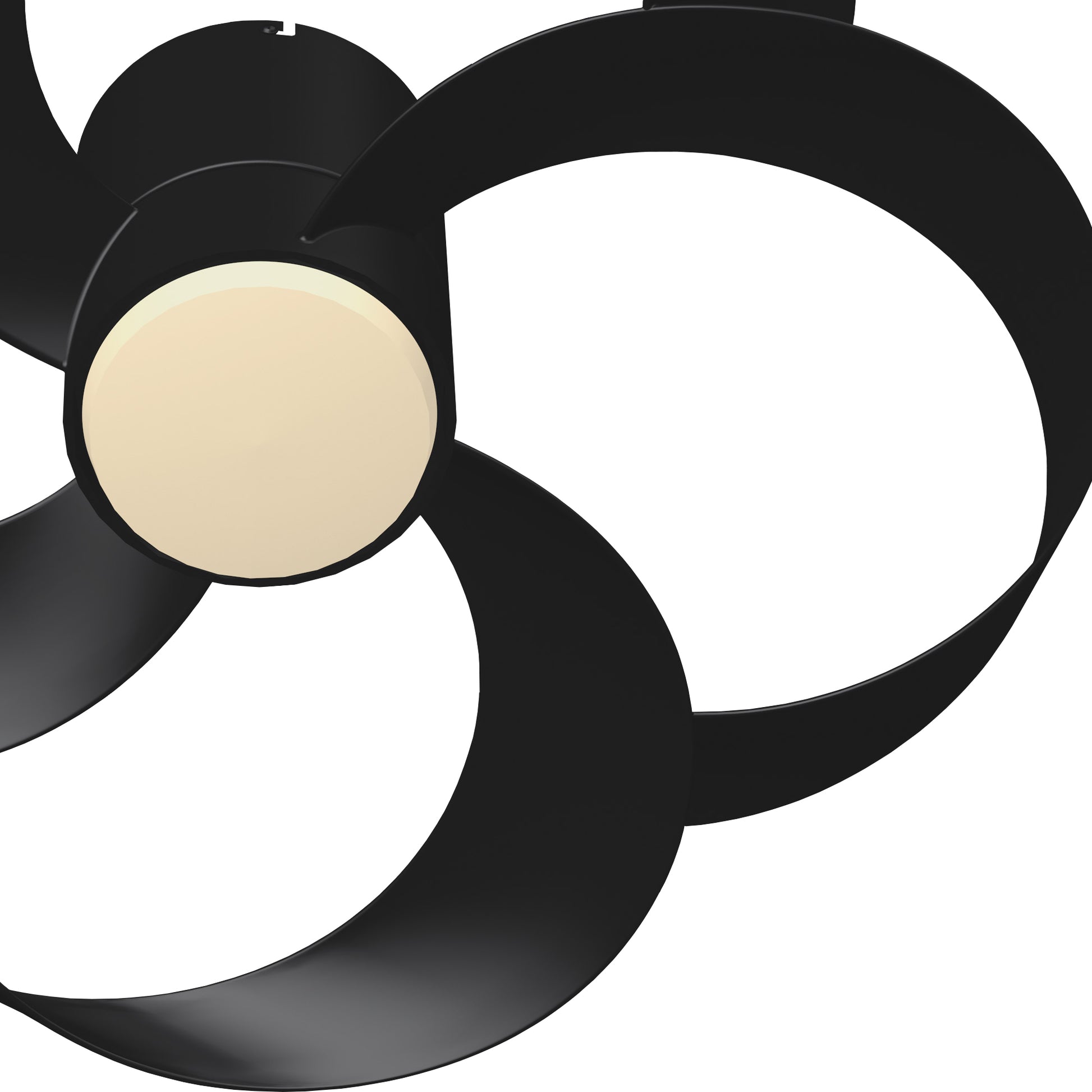 A close-up image of the Rose Black 65cm Ceiling Fan from Ceiling Fans UK, featuring three sleek and curved black blades. The central hub houses a 24W dimmable LED ceiling light with a frosted glass cover, emitting a soft, diffused glow. This fan also includes a built-in 22W DC reversible motor and comes with a remote control for added convenience.
