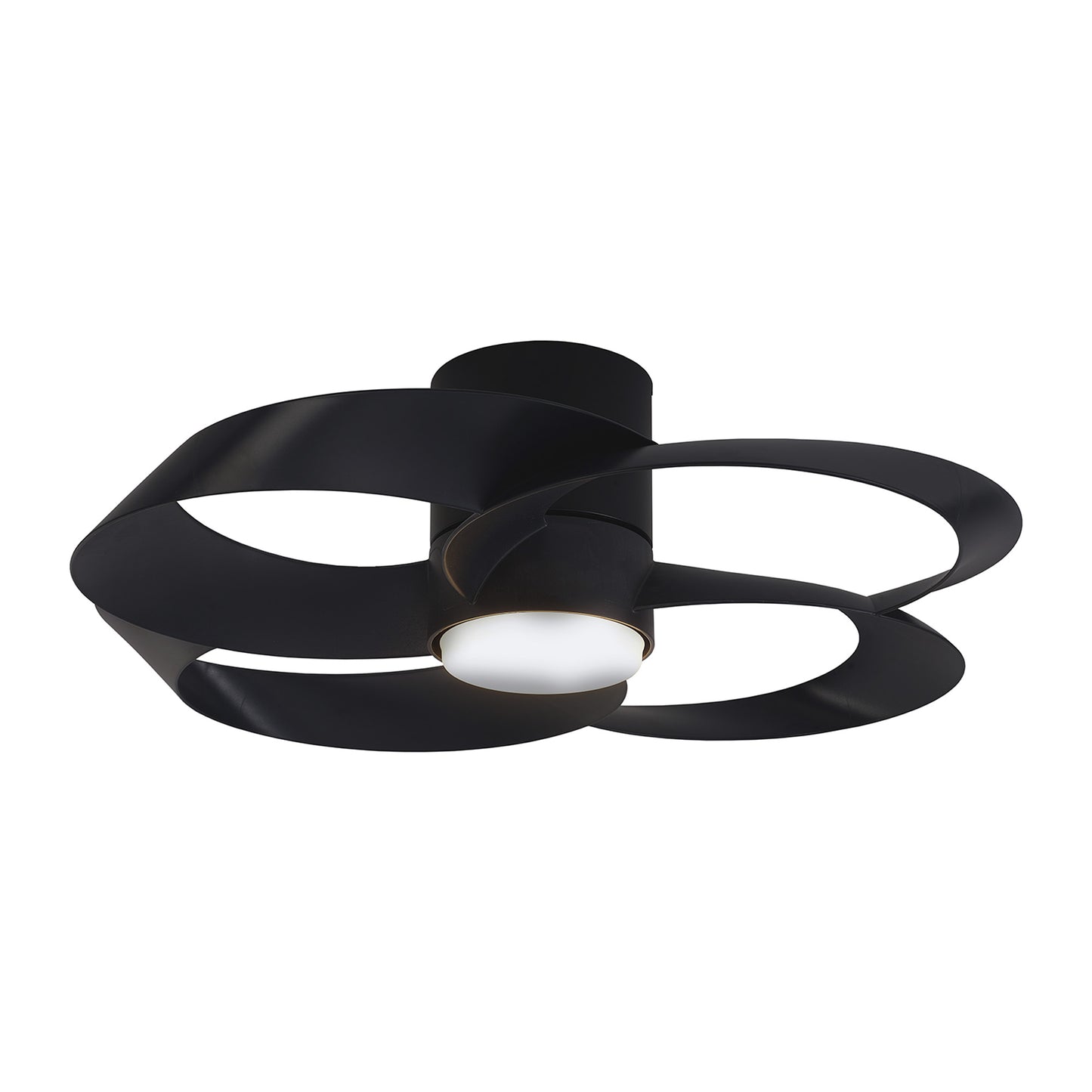 Introducing the Rose Black 65cm Ceiling Fan with Light from Ceiling Fans UK. This modern fixture boasts a sleek, ribbon-like design in black, featuring three elegantly curving loops extending from a central cylindrical base and encircling an LED dimmable circular light at the center. Additionally, it includes a built-in 22W DC reversible fan and comes with a convenient remote control.