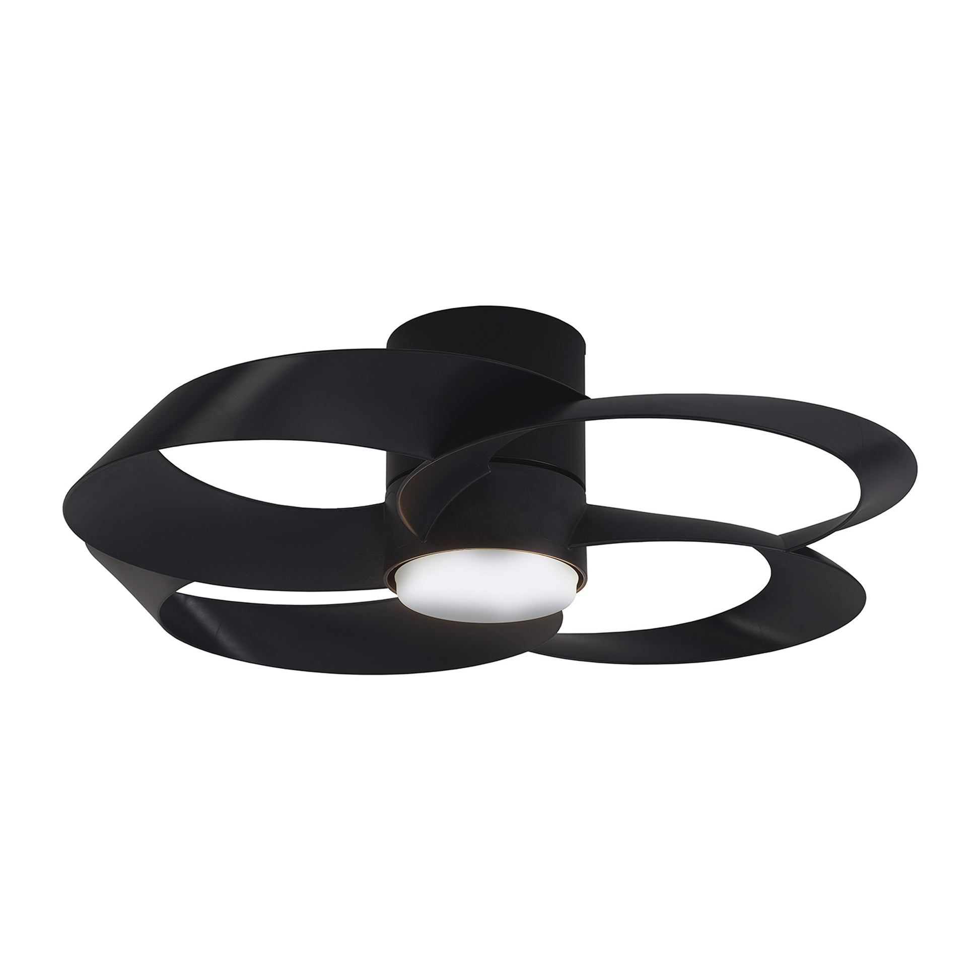 Introducing the Rose Black 65cm Ceiling Fan with Light from Ceiling Fans UK. This modern fixture boasts a sleek, ribbon-like design in black, featuring three elegantly curving loops extending from a central cylindrical base and encircling an LED dimmable circular light at the center. Additionally, it includes a built-in 22W DC reversible fan and comes with a convenient remote control.