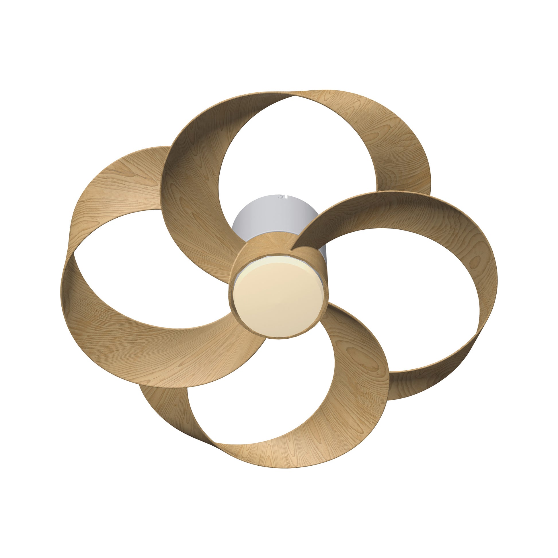 The Rose White/Wood 65cm Ceiling Fan with Light from Ceiling Fans UK features three intricately curved wooden blades in a symmetrical, flower-like arrangement around a central cylindrical 24W LED light. This dimmable lighting design, complete with a remote control and built-in 22W DC reversible fan, creates an elegant and contemporary aesthetic.