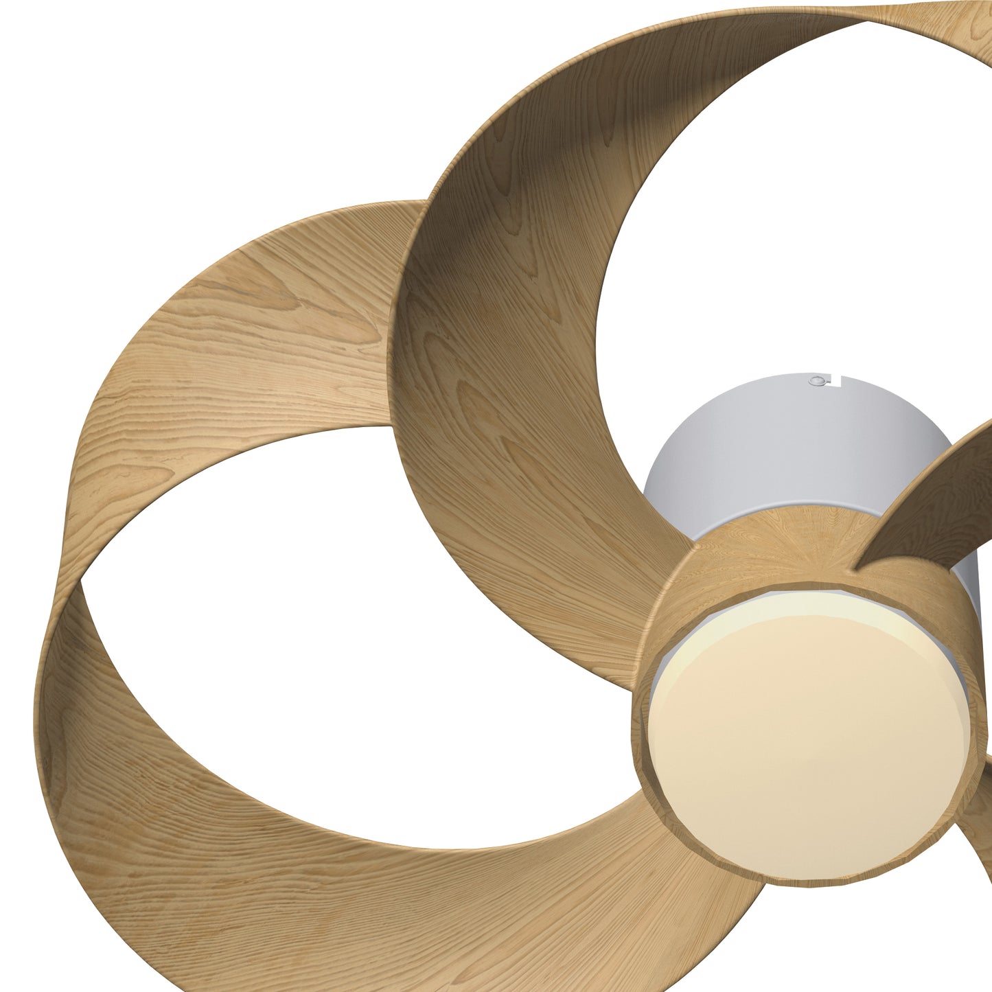 A close-up view of the Ceiling Fans UK Rose White/Wood 65cm Ceiling Fan with Light showcases its three wooden blades and cylindrical central light fixture. The blades have a light wood finish, and the minimalist design includes a 24W LED dimmable lighting system, operated by remote control. The background is plain white.