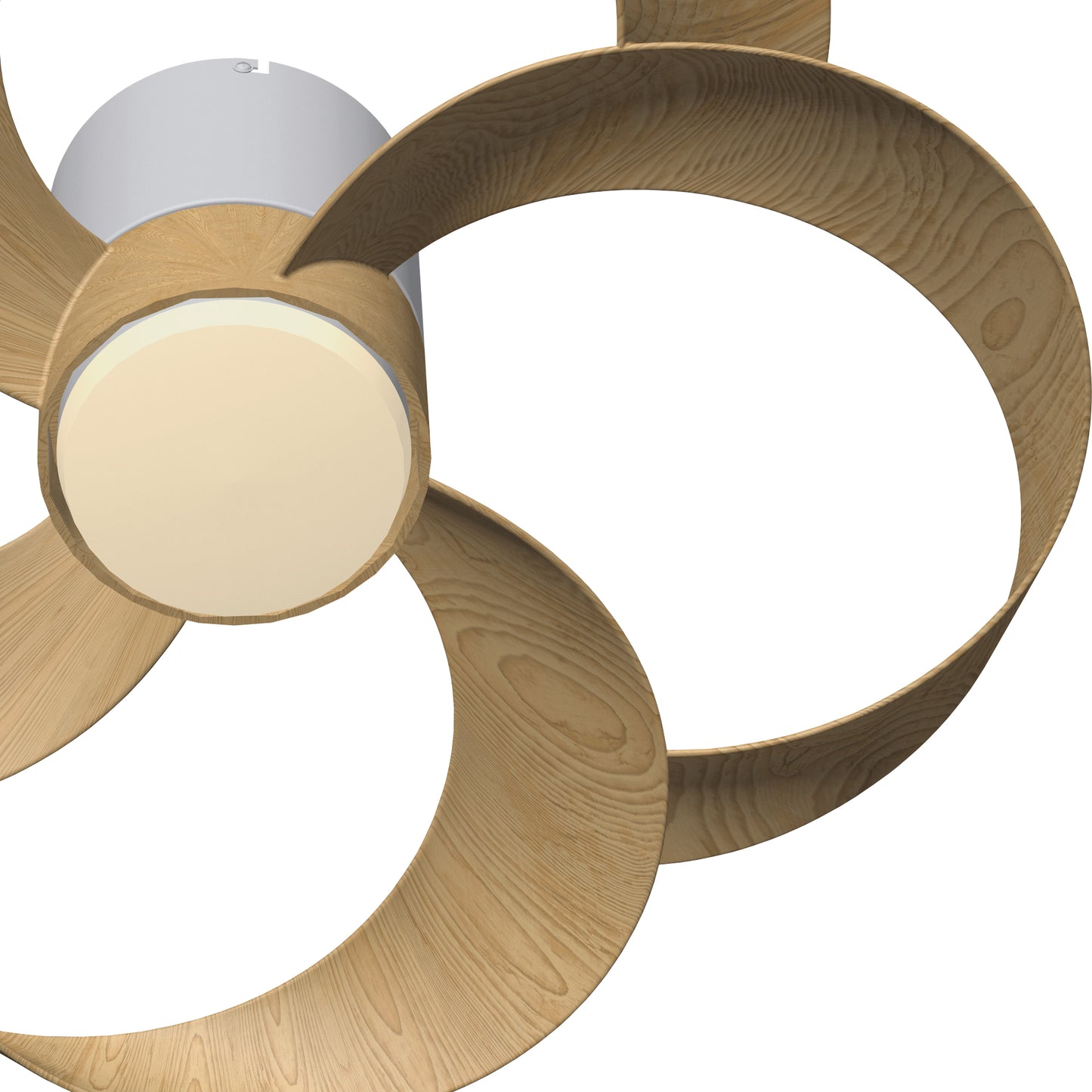 Introducing the Rose White/Wood 65cm Ceiling Fan with Light by Ceiling Fans UK. This modern ceiling fan features three gracefully curved wooden blades for an elegant contemporary look. The metallic central hub integrates a 24W LED dimmable light fixture. Additionally, the built-in 22W DC reversible fan offers superior performance and convenience with an included remote control, perfect for mounting on a white ceiling.