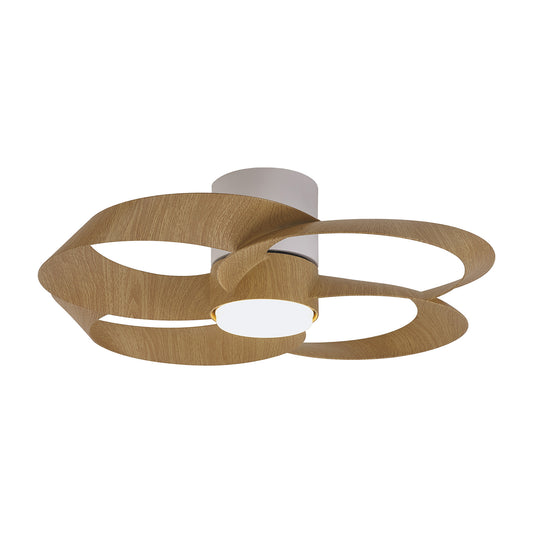 The Rose White/Wood 65cm Ceiling Fan with Light from Ceiling Fans UK is a modern fixture featuring a central cylindrical 24W LED dimmable light bordered by intertwined wooden rings. This ceiling fan with light combines an elegant, contemporary aesthetic with natural wood and sleek white elements, enhanced by dimmable lighting and a handy remote control for convenience. It also includes a built-in 22W DC reversible fan for added functionality.