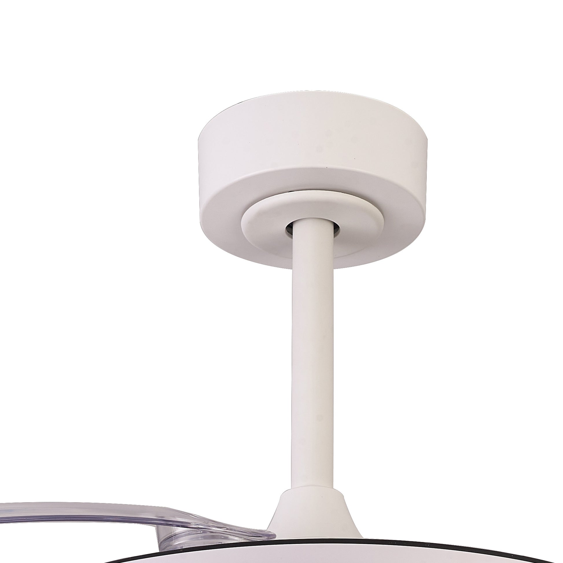 Close-up of the Siberia White Ceiling Fan with Light, featuring a white ceiling-mounted dimmable LED light fixture with a round base and a short extension rod.