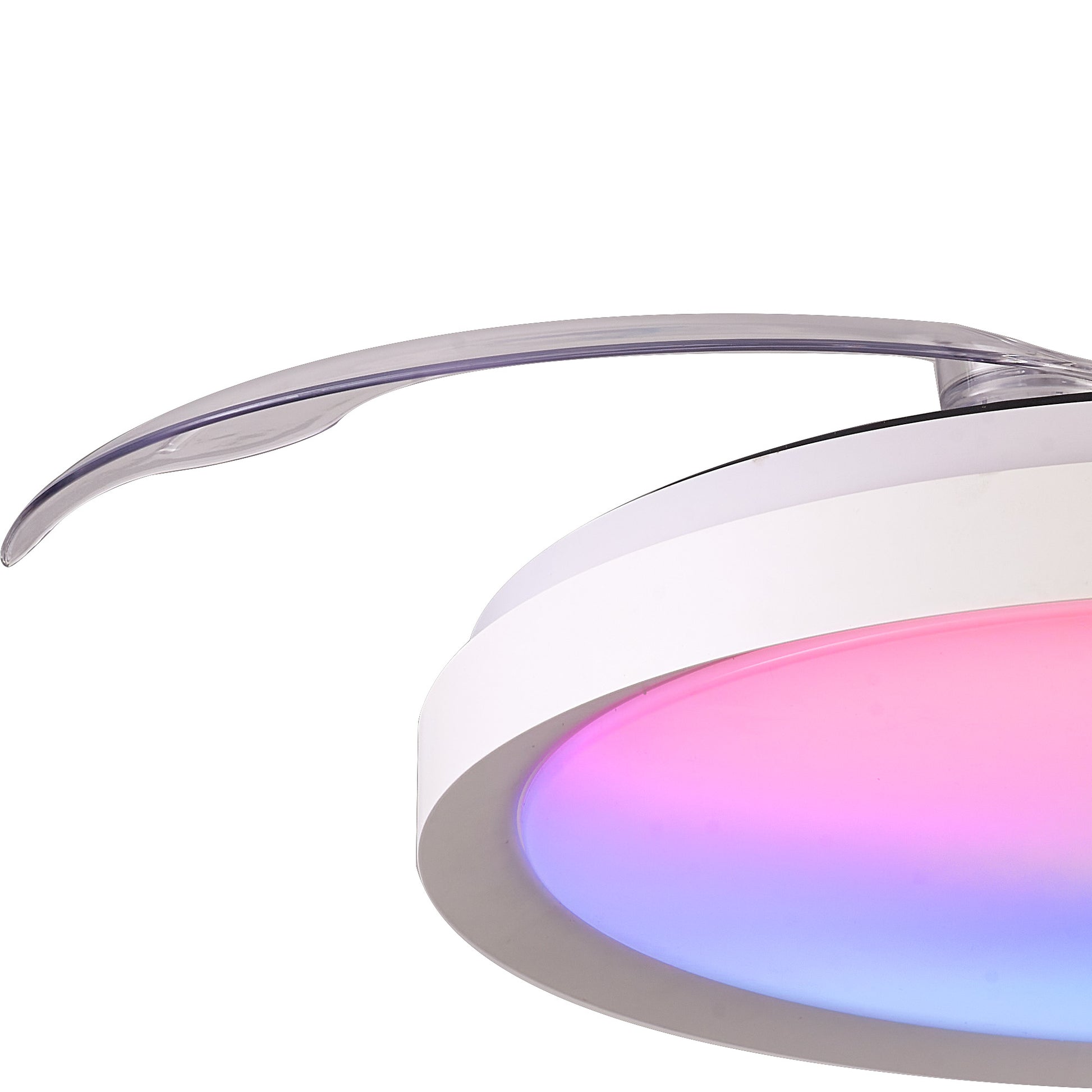A close-up of the Siberia White Ceiling Fan by Ceiling Fans UK, featuring a circular LED dimmable light with an adjustable silver rod. The light emits a soft gradient glow with pink and purple hues. The fixture's edge is white, lending it a sleek, minimalist appearance against a plain background.