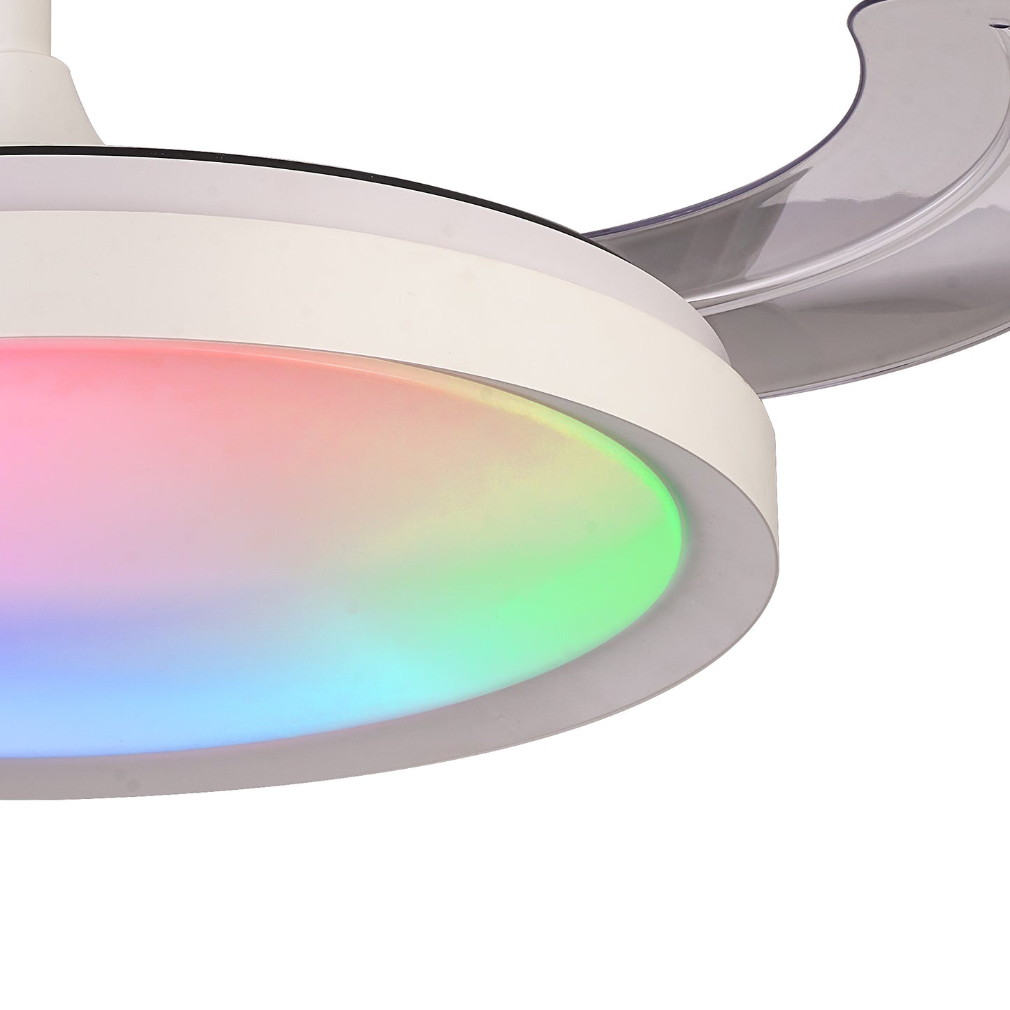 Close-up of the Ceiling Fans UK Siberia White Ceiling Fan with Light, showcasing a sleek, modern design with a circular white-edged fixture. It features multicolored RGB LED lighting in shades of pink, green, and blue. This contemporary piece is LED dimmable for versatile ambiance and includes a 30W DC fan for added functionality.