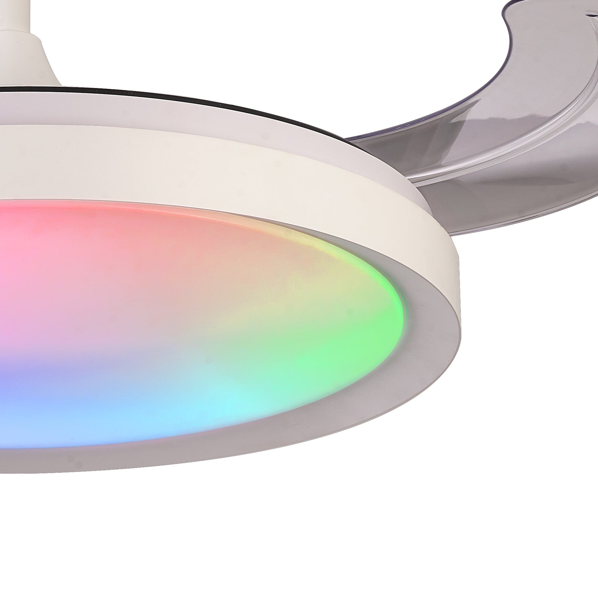 Close-up of the Ceiling Fans UK Siberia White Ceiling Fan with Light, showcasing a sleek, modern design with a circular white-edged fixture. It features multicolored RGB LED lighting in shades of pink, green, and blue. This contemporary piece is LED dimmable for versatile ambiance and includes a 30W DC fan for added functionality.