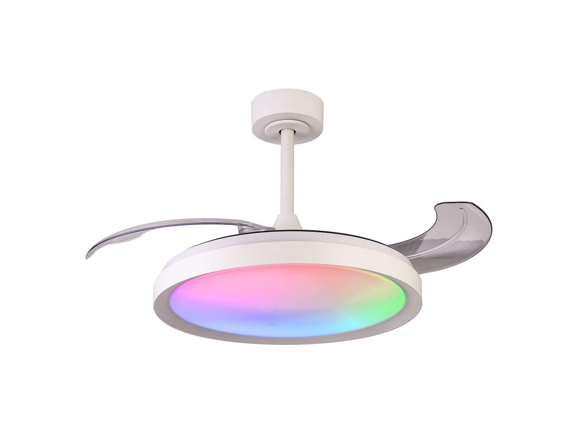 The Siberia White Ceiling Fan with Light by Ceiling Fans UK is a stylish and modern ceiling fan featuring retractable blades. It includes a 50W LED dimmable white/RGB ceiling light capable of displaying a spectrum of colors. The fan is elegantly mounted on a white extension rod and comes with remote control, offering brightness levels from 3000-6500K and a luminous output of 3200 lumens. Plus, it includes a 5-year warranty for peace of mind.