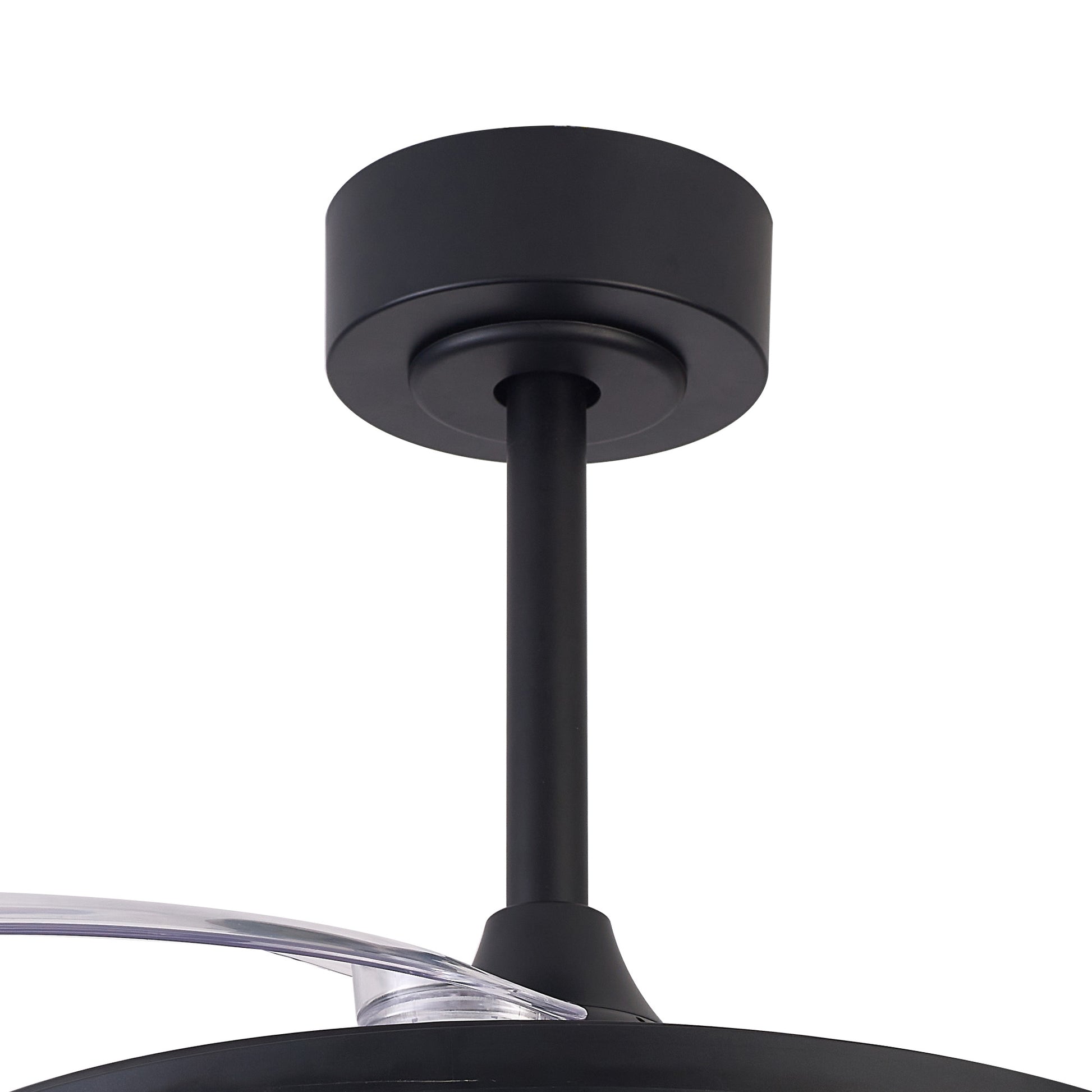 A detailed view of the Siberia Black Ceiling Fan with Light by Ceiling Fans UK highlights its sleek, modern design. The cylindrical base transitions smoothly into a straight rod connecting to a circular element, indicating it's part of an LED dimmable light with RGB options. This enhances both the style and functionality of the fixture, providing up to 3200 lumens and adjustable color temperature from 3000K to 6500K via remote control.
