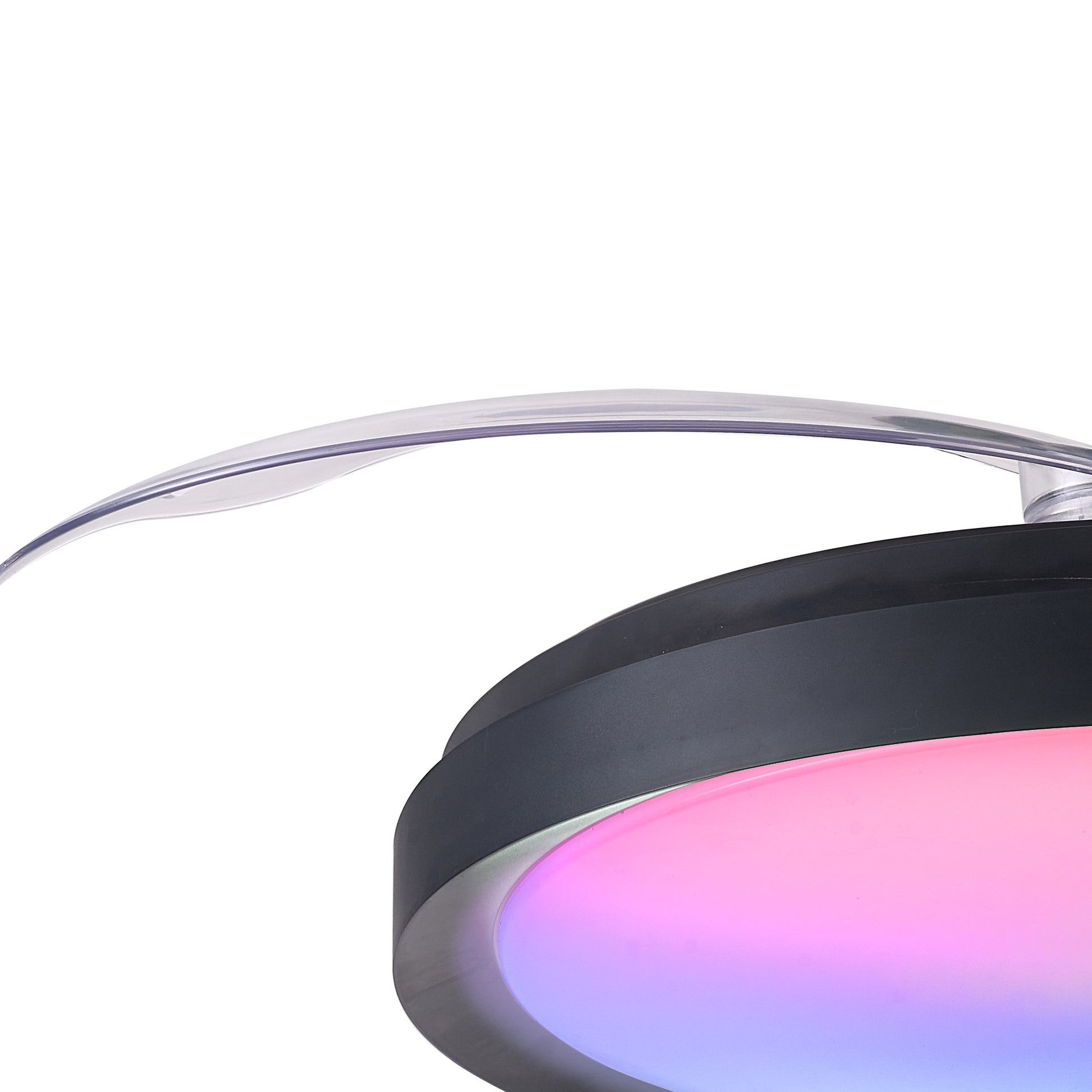 A close-up view of the Siberia Black Ceiling Fan with Light by Ceiling Fans UK reveals its modern, sleek curved metallic design. The fixture features a 50W LED dimmable light that softly emits a blend of pink, blue, and purple hues, creating a gentle ambient glow.