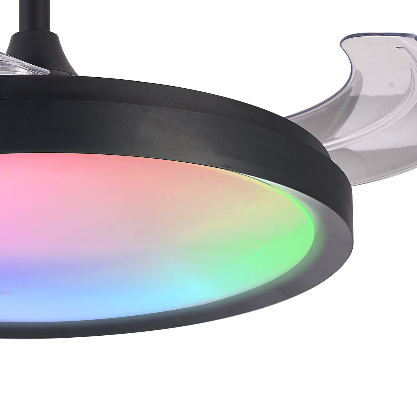 A close-up of the Siberia Black Ceiling Fan by Ceiling Fans UK, highlighting its modern design with a round, flat 50W LED dimmable light fixture. The light offers RGB functionality showcasing a gradient of pink, green, and blue hues. Its translucent blades contribute to its sleek and contemporary style.