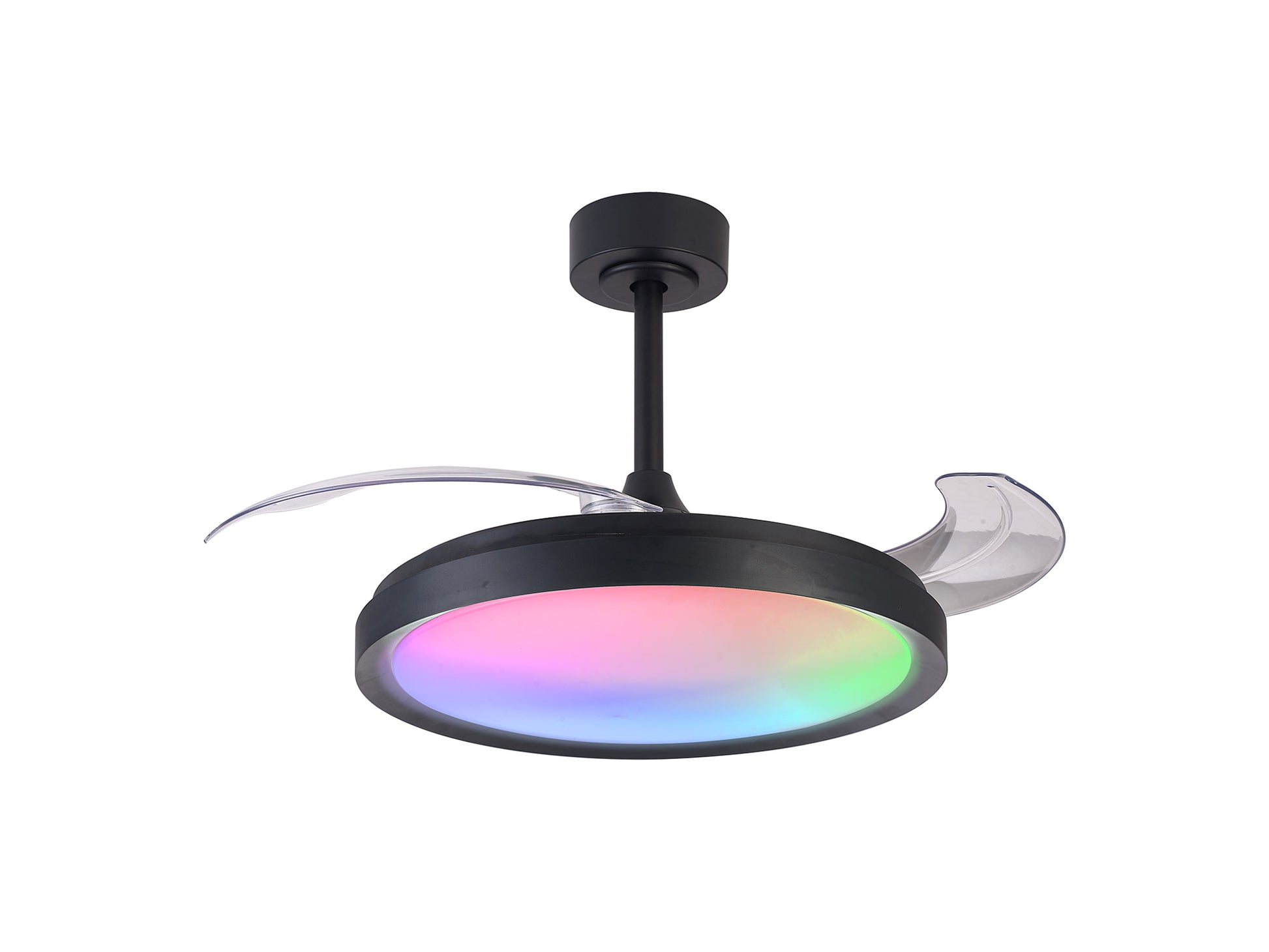 Introducing the Siberia Black Ceiling Fan by Ceiling Fans UK, a sleek and modern fixture featuring a 50W LED dimmable white/RGB light. This fan showcases an impressive gradient of colors from blue to green to pink, enhanced by its three curved transparent blades and streamlined design. With a 30W DC fan, remote control capabilities, and color temperatures ranging from 3000-6500K at 3200 lumens, this product comes with a reassuring 5-year warranty.