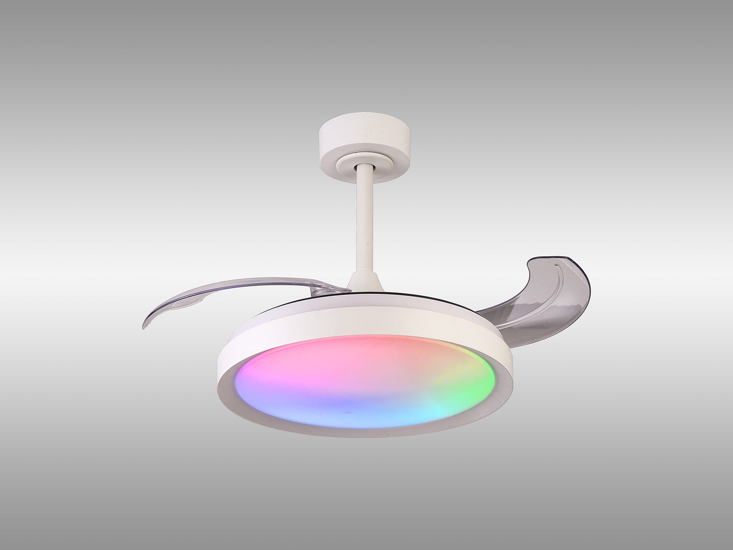 The Ceiling Fans UK Siberia Mini White Ceiling Fan features a cutting-edge design complete with an integrated 28W RGB LED ceiling light that beautifully transitions through a spectrum of colors. Its elegant, curved blades and minimalist white fixture are gracefully highlighted against a simple gray backdrop. Equipped with a 40W dimmable DC fan and adjustable color temperature range from 3000K to 6500K, this fan also includes remote control functionality and comes with a five-year warranty.