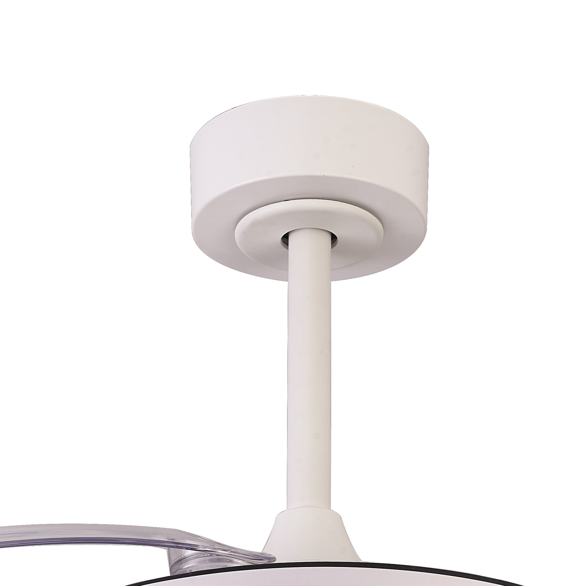 Close-up of the ceiling-mounted Siberia Mini by Ceiling Fans UK, featuring a white cylindrical base connected to a vertical rod. This 40W LED Dimmable Ceiling Light and 28W DC Fan combination presents a modern, minimalist design that elegantly integrates style and functionality.