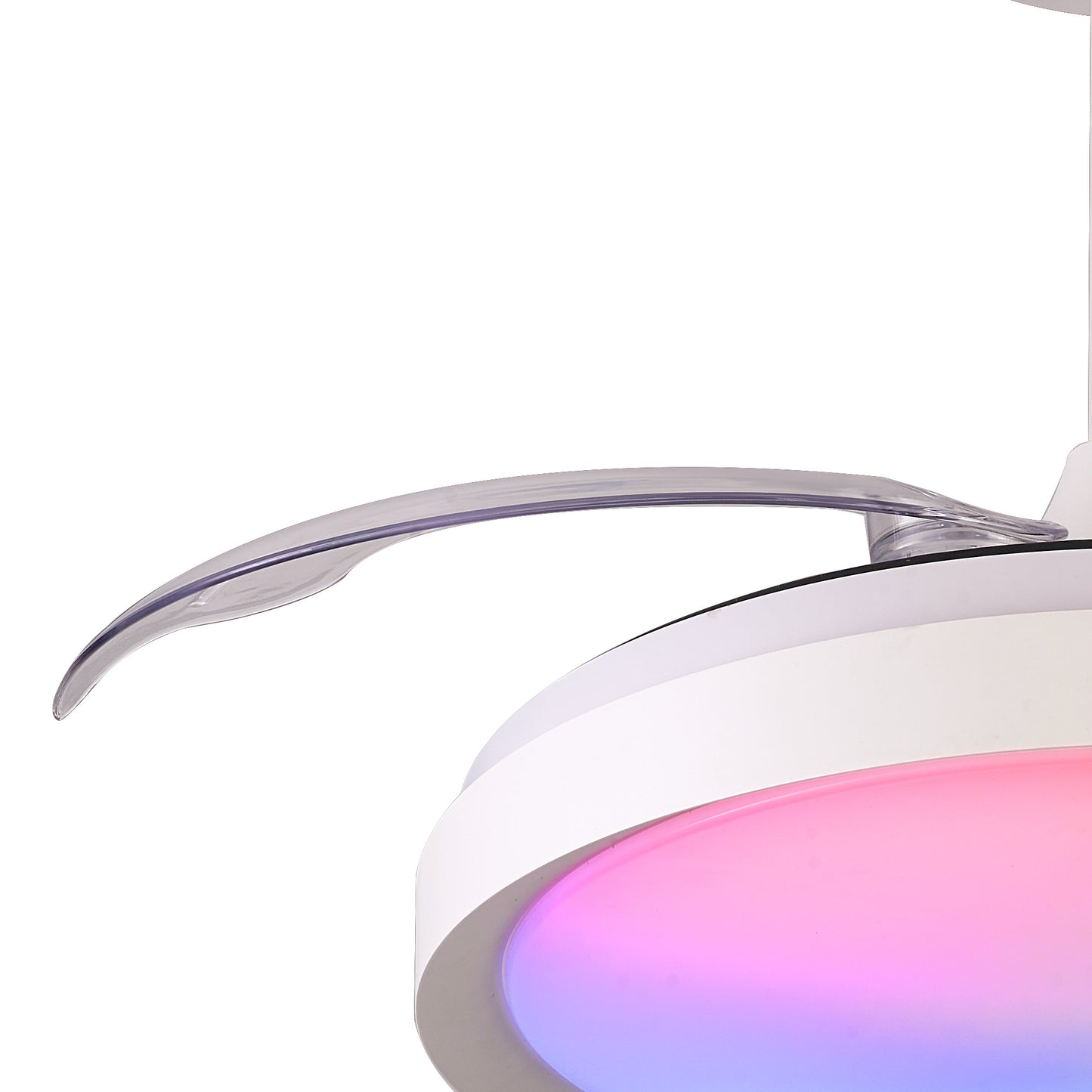 Close-up of the Ceiling Fans UK Siberia Mini White Ceiling Fan, showcasing its sleek, curved blades and the 40W LED dimmable ceiling light. This model also features a white/RGB 28W DC fan with a light that emits a gradient of pink and blue hues. Its minimalist design is enhanced by clean lines and a smooth finish, all operated via remote control.