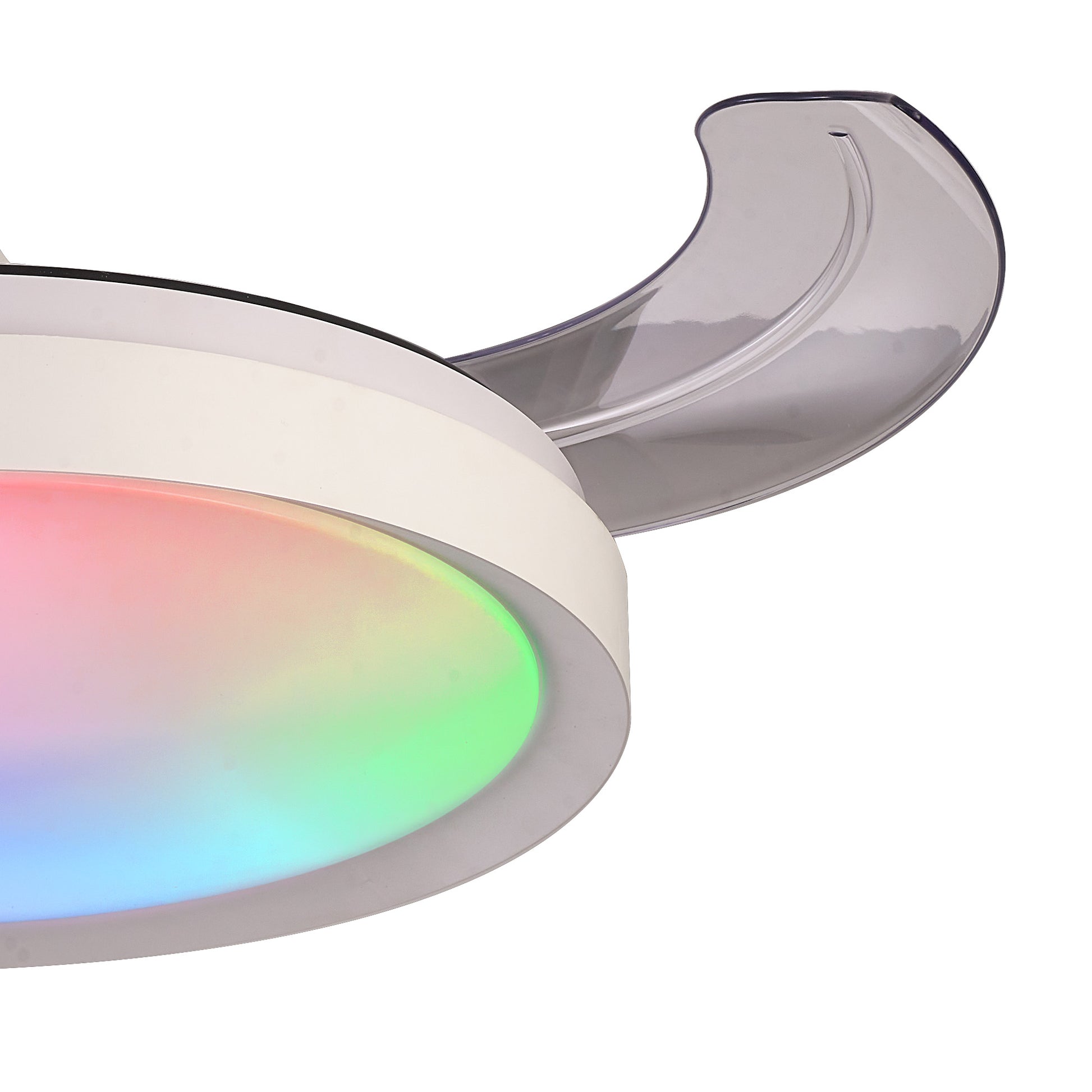 A close-up of the Siberia Mini White Ceiling Fan with Light by Ceiling Fans UK highlights its modern circular design and gradient of colors, including red, green, and blue. The 28W LED dimmable ceiling light feature enables a customized ambiance. Its translucent curved shade extends outward for a sleek and futuristic appearance. This fan also includes a remote control offering 3000-6500K color temperature adjustments, producing up to 2500 lumens of brightness, all covered under a 5-year warranty.