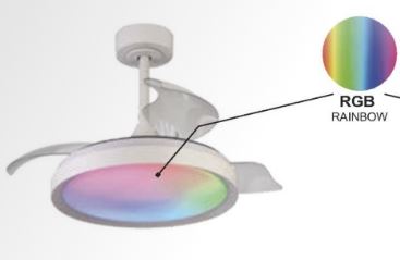 The Ceiling Fans UK Siberia Mini White Ceiling Fan with Light features an LED Dimmable White/RGB Ceiling Light, known as "RGB RAINBOW." Its elegantly curved blades enhance the sleek lines of its white mount, adding a stylish touch.