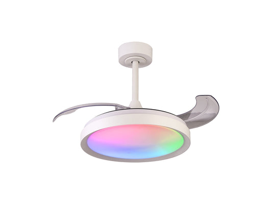The Ceiling Fans UK Siberia Mini White Ceiling Fan boasts a modern design with retractable blades and a sleek, streamlined appearance. It features colorful, dimmable LED lights from its 40W LED dimmable white/RGB ceiling light fixture, and is elegantly mounted with a short rod and circular base.