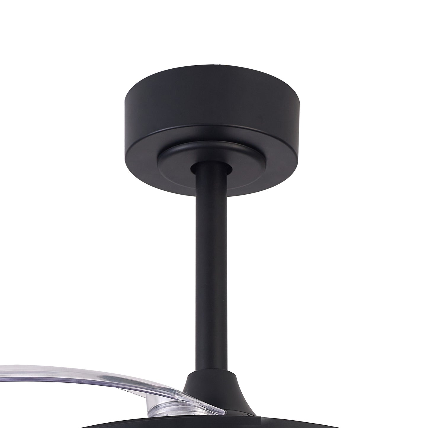 The image shows a close-up view of the Siberia Mini Black Ceiling Fan with Light by Ceiling Fans UK. The fixture includes a round base attached to the ceiling, a straight rod descending from the base, and the top part of the dimmable 40W LED light unit extending out of the frame.