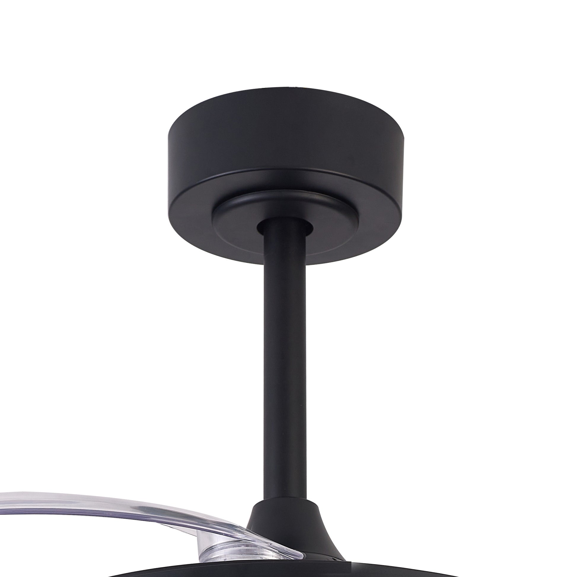 The image shows a close-up view of the Siberia Mini Black Ceiling Fan with Light by Ceiling Fans UK. The fixture includes a round base attached to the ceiling, a straight rod descending from the base, and the top part of the dimmable 40W LED light unit extending out of the frame.