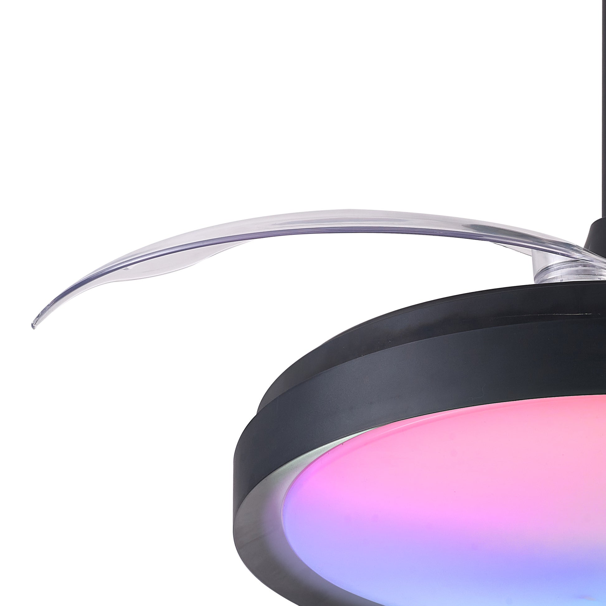 Close-up of the Ceiling Fans UK Siberia Mini Black Ceiling Fan, featuring a sleek, curved blade design. This dimmable 40W LED fan includes a circular light fixture that emits gradients of purple and pink hues, enhancing its RGB ceiling light effect. The overall color scheme combines black and metallic elements.