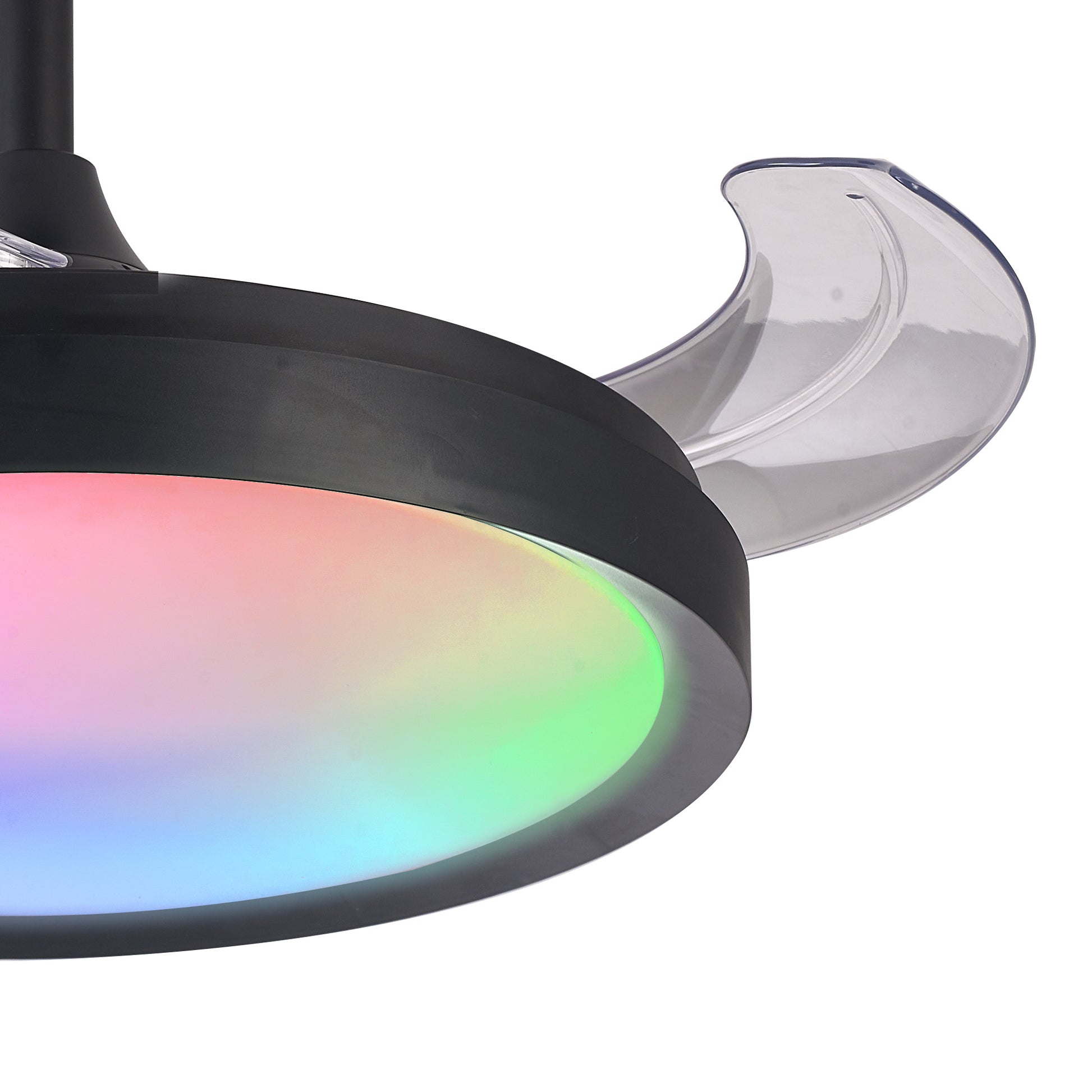 The Siberia Mini Black Ceiling Fan with Light by Ceiling Fans UK is a contemporary dimmable LED fan, featuring transparent curved blades and a circular glow. It offers a sleek design with an RGB ceiling light that emits soft red, green, and blue hues, making it perfect for adding a futuristic touch to any room.