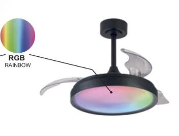 The Siberia Mini Black Ceiling Fan with Light by Ceiling Fans UK showcases a sleek black finish and transparent blades, enhanced by a central 28W RGB ceiling light capable of displaying a vibrant rainbow spectrum. Perfect for contemporary interiors, this fan combines style and functionality seamlessly, offering dimmable LED lighting from 3000-6500K with the convenience of remote control.