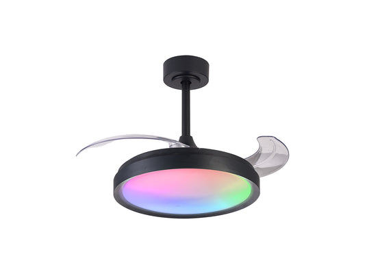 The Siberia Mini Black Ceiling Fan from Ceiling Fans UK features a sleek circular frame with transparent blades and an integrated 40W LED dimmable RGB ceiling light that offers vibrant colors such as pink, green, and blue. It includes a modern black rod and mount for suspension.