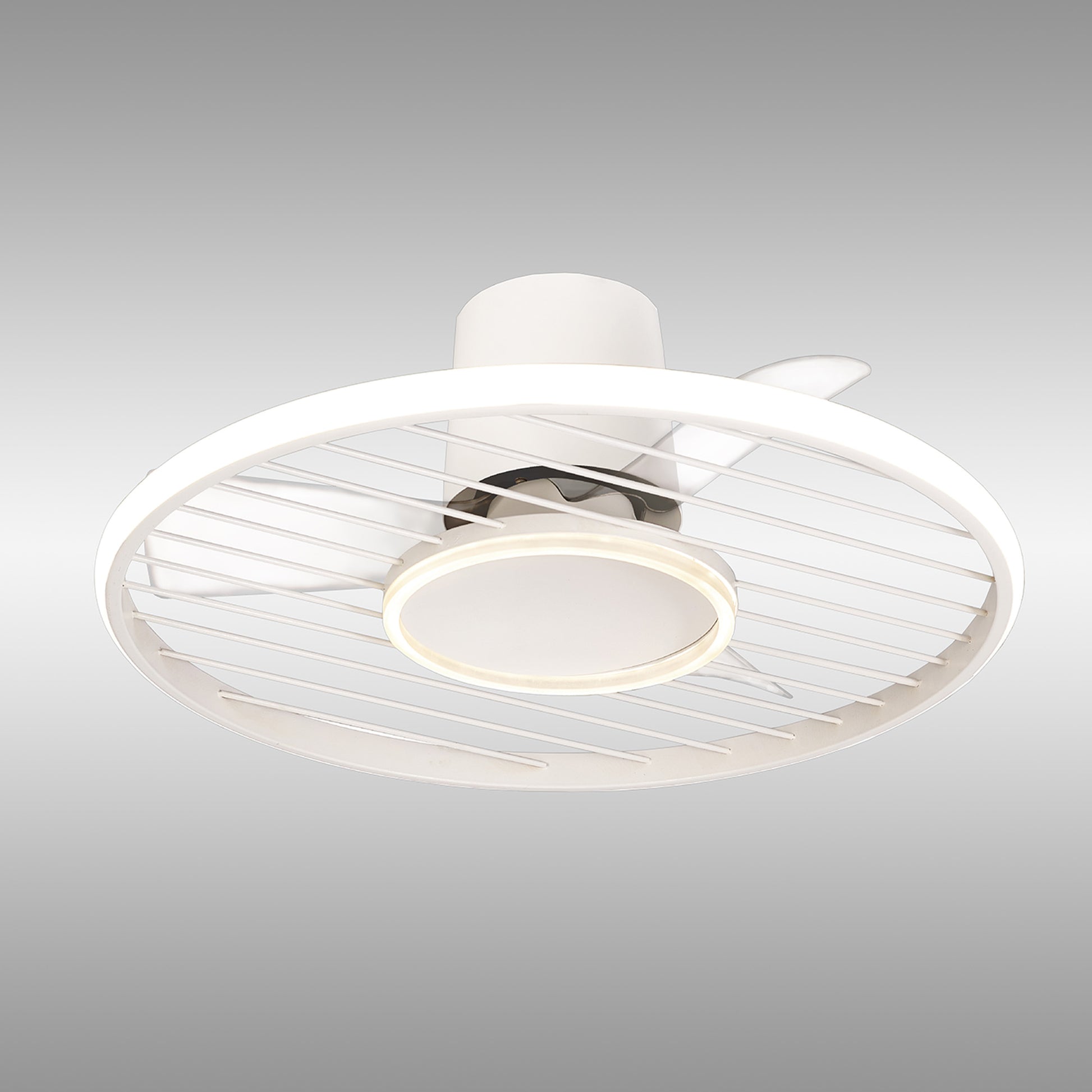 The Soho White Ceiling Fan with Light by Ceiling Fans UK features a sleek, circular design with white blades and a protective grille. This modern ceiling fan integrates a 66cm, 45W LED dimmable light fixture that emits a soft, ambient glow. It includes remote and app control for convenience and is backed by a 5-year warranty. The background displays a gradient of light gray.