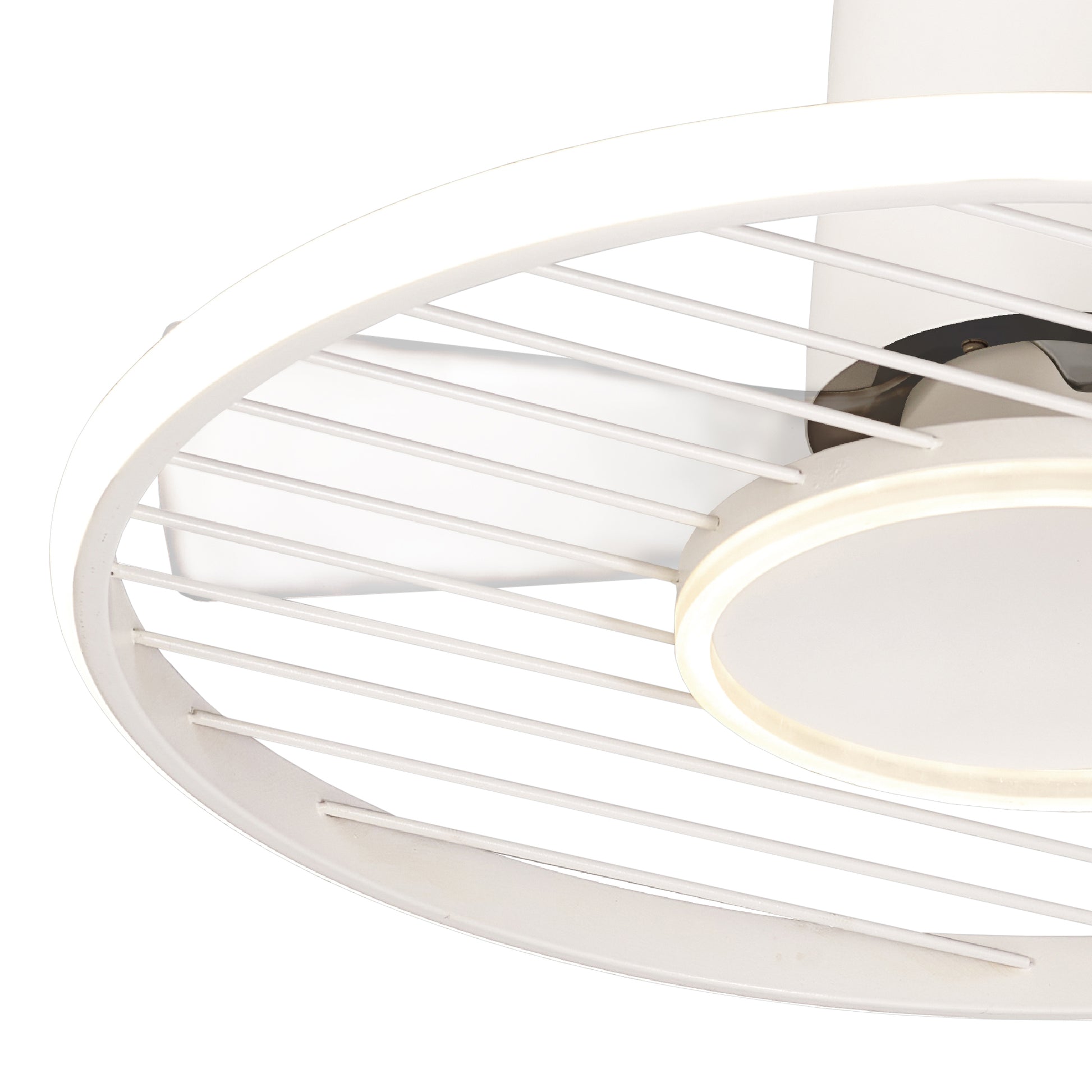 A close-up view of the Ceiling Fans UK Soho White Ceiling Fan with Light, featuring a circular design with evenly spaced horizontal blades. This predominantly white fan includes a 45W LED dimmable ceiling light fixture and a 30W built-in DC fan, boasting a sleek, minimalist appearance. It offers both Remote & APP Control for convenience and comes with a 5-year warranty.