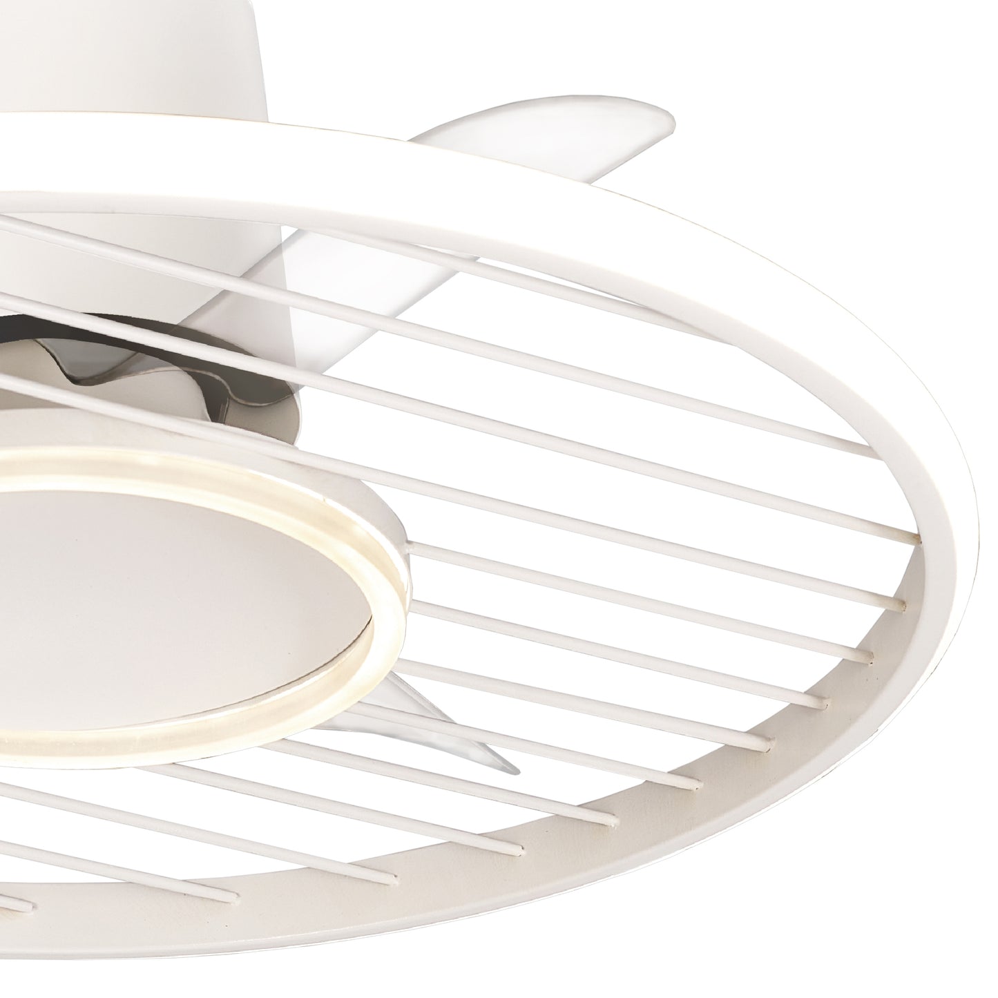 A close-up of the Soho White Ceiling Fan from Ceiling Fans UK showcases its circular design with enclosed blades. The fan features a minimalist grill and an integrated 45W LED dimmable light ring around its center, controllable via remote & APP control. The image highlights the clean lines and contemporary aesthetic of this 66cm fixture, which also includes a built-in 30W DC fan and comes with a 5-year warranty.