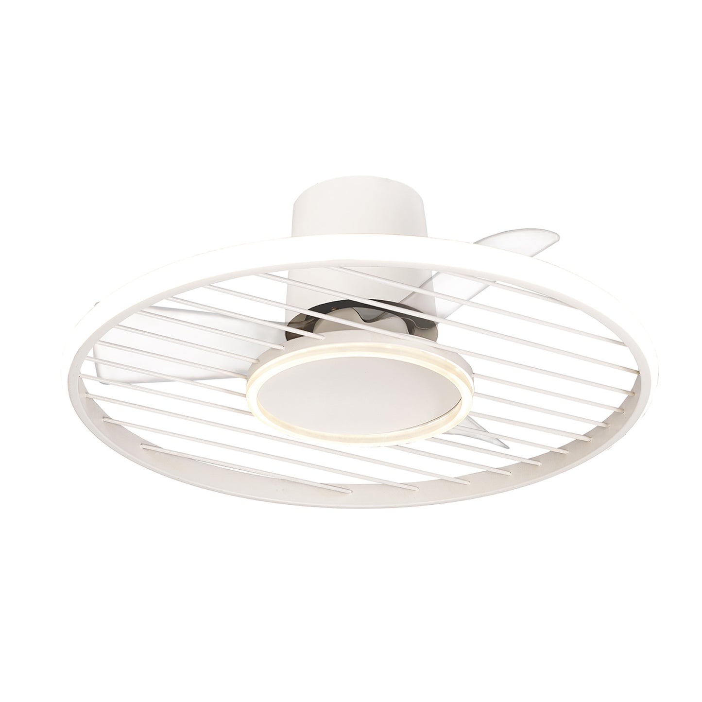The Soho White Ceiling Fan from Ceiling Fans UK features a modern design with a circular white grille and an integrated 66cm, 45W LED dimmable ceiling light. Sleek and minimalistic, its blades are partially visible behind the grille. The fan, mounted close to the ceiling, includes built-in 30W DC motor functionality and offers both remote and app control, seamlessly blending into contemporary interiors. Plus, it comes with a 5-year warranty for added peace of mind.