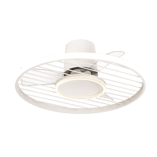 The Soho White Ceiling Fan from Ceiling Fans UK features a modern design with a circular white grille and an integrated 66cm, 45W LED dimmable ceiling light. Sleek and minimalistic, its blades are partially visible behind the grille. The fan, mounted close to the ceiling, includes built-in 30W DC motor functionality and offers both remote and app control, seamlessly blending into contemporary interiors. Plus, it comes with a 5-year warranty for added peace of mind.