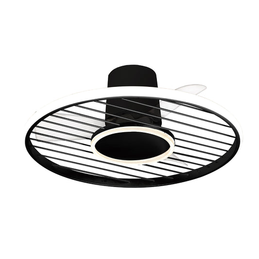 Introducing the Soho Black Ceiling fan with light from Ceiling Fans UK: a contemporary, black and white round ceiling light fixture featuring a sleek design with 2700-5000K Remote & APP Control. This 66cm fixture integrates diagonal black lines across its white circular frame, accented by a central black cylindrical part that attaches to the ceiling. The built-in 45W LED dimmable light and 30W DC fan blend modern minimalism with sophisticated functionality, backed by a 5-year warranty.
