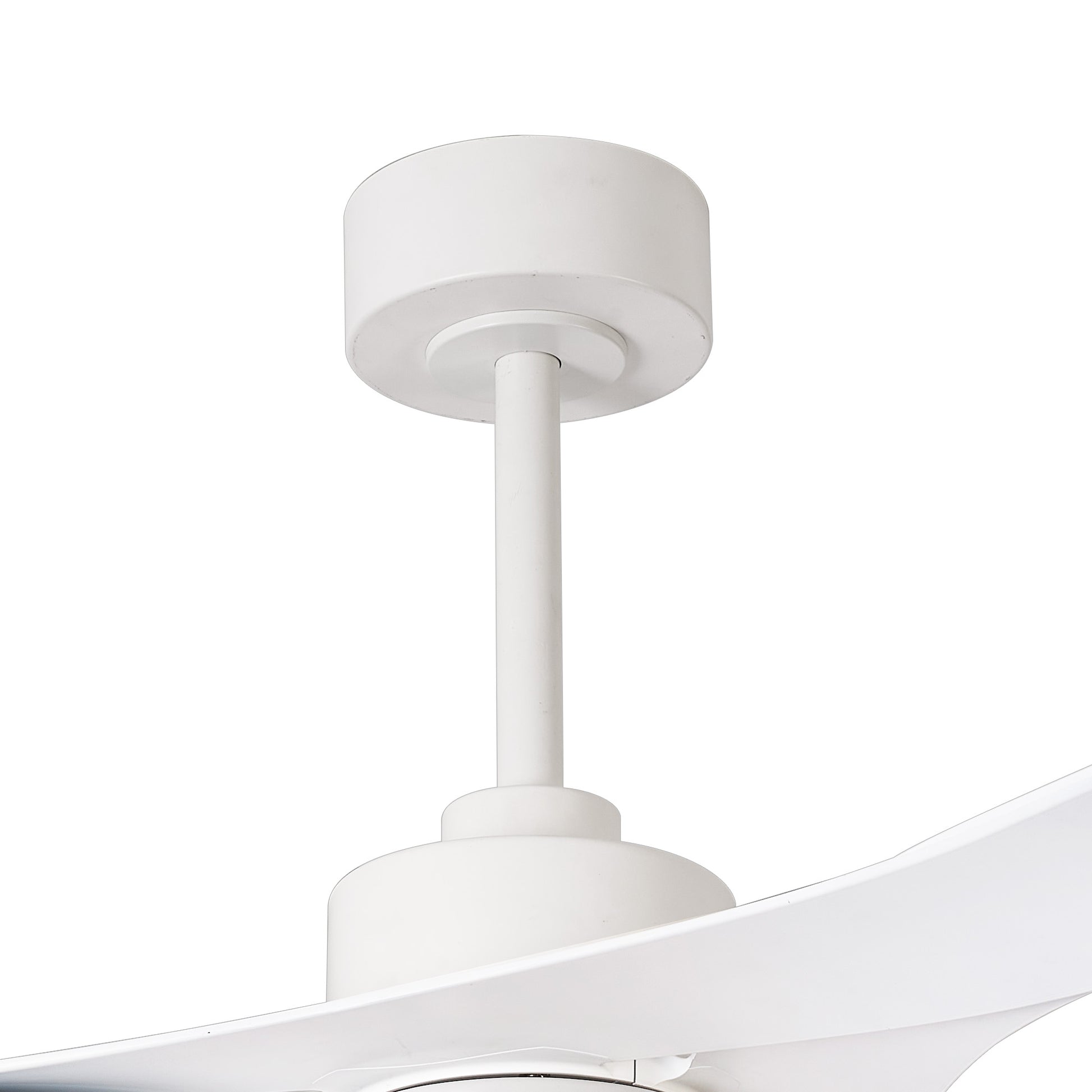 Close-up of the MANTRA M8714 Thai White Ceiling Fan (122cm) by Ceiling Fans UK, featuring a 30W dimmable LED light, built-in 35W DC fan, and both remote & app control. Blade edge visible against a plain white background. 5-year warranty included.