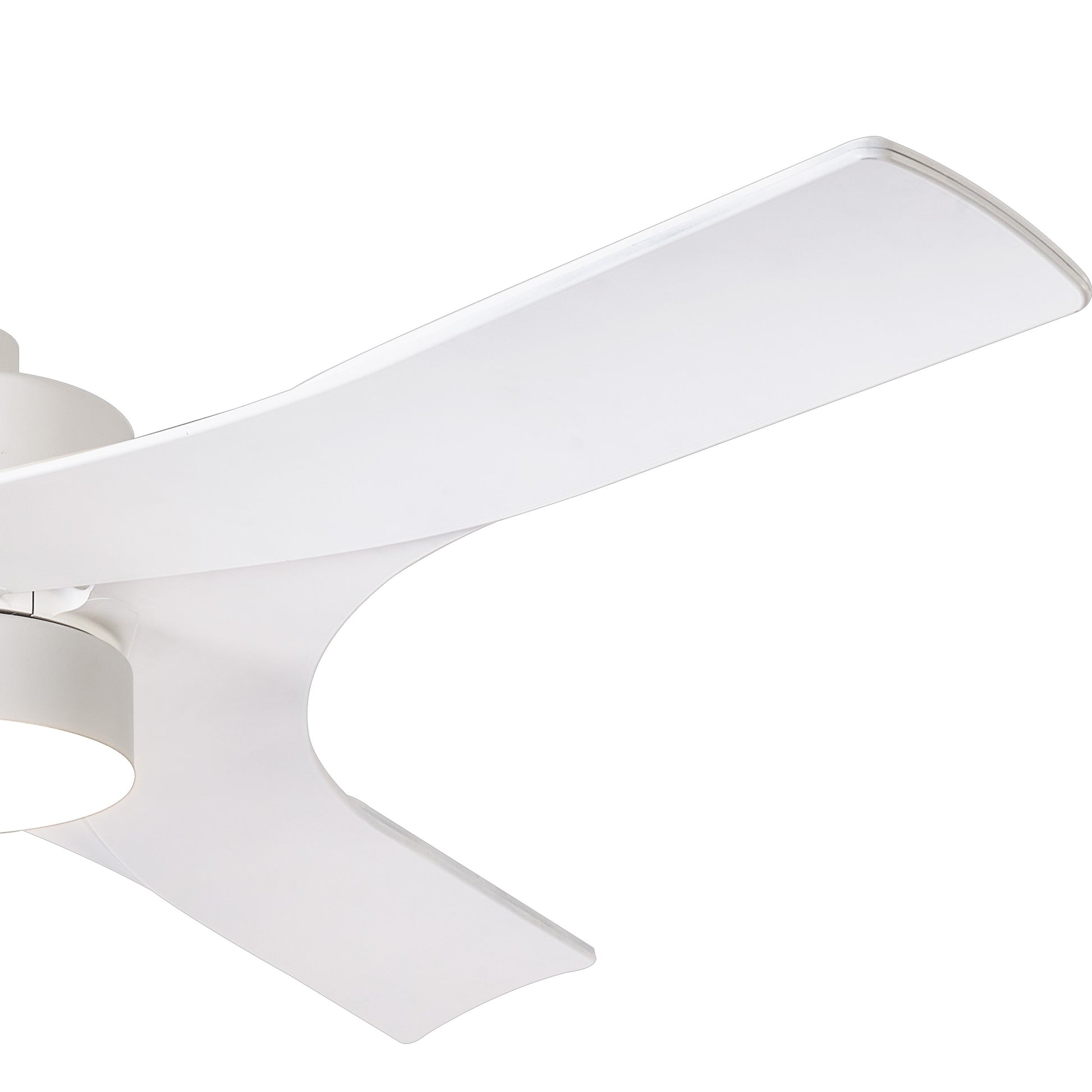 Close-up of two sleek, curved blades of the Ceiling Fans UK MANTRA M8714 Thai White Ceiling Fan with Light (122cm, 30W LED dimmable), highlighting its modern design against a plain background. Includes remote & app control, 5yr warranty.