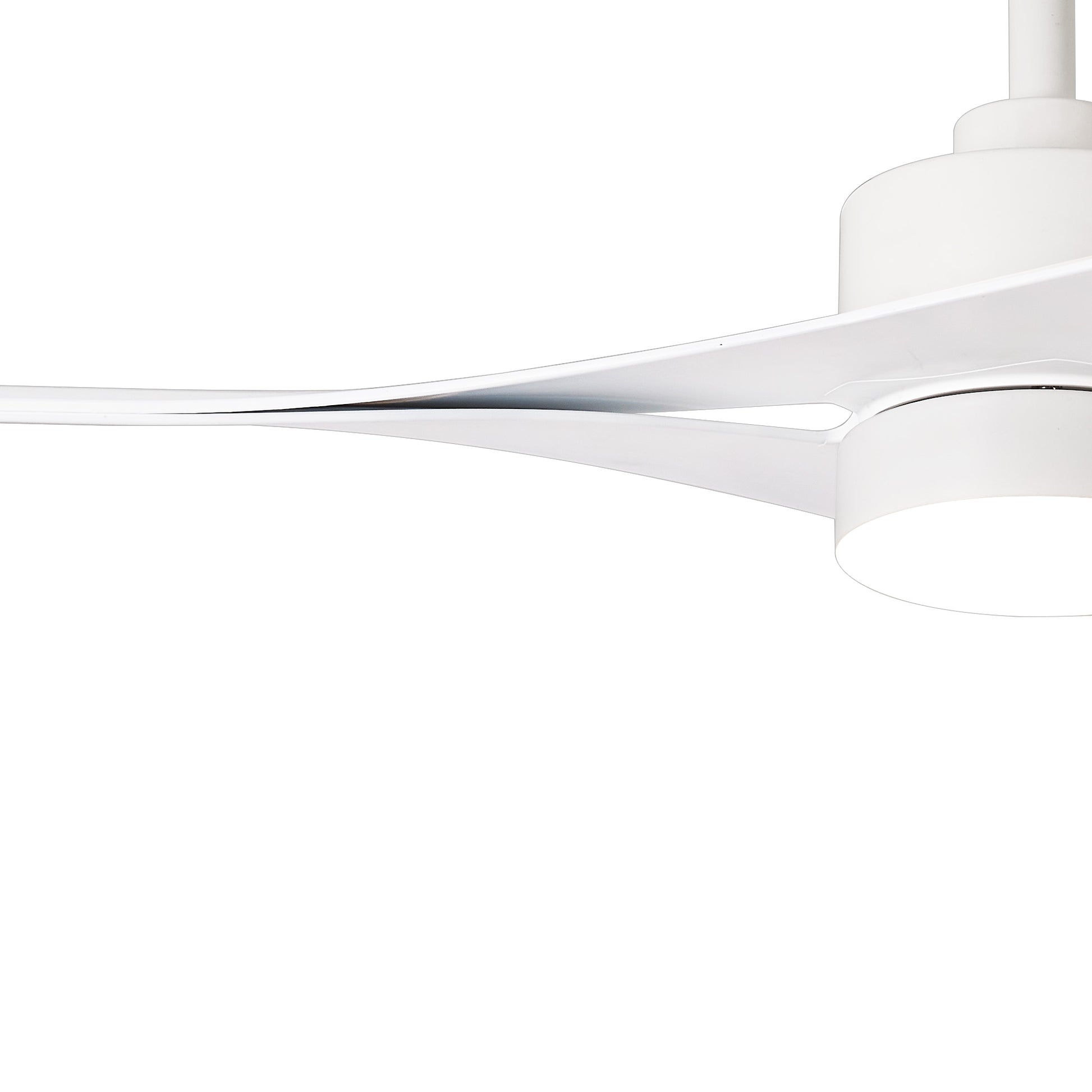 The Ceiling Fans UK MANTRA M8714 Thai White Ceiling Fan features a sleek 122cm design, 30W dimmable LED light, built-in 35W DC fan, remote & APP control, and comes with a 5-year warranty, shown against a plain white background.