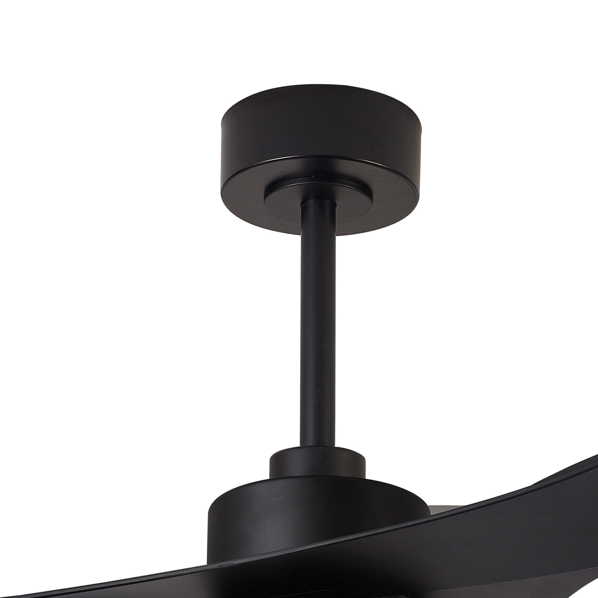 Close-up of the MANTRA M8715 Thai Black Ceiling Fan with 122cm 30W dimmable LED, built-in 35W DC fan by Ceiling Fans UK. Shown: downrod, canopy, blade attachment. Features Remote & APP Control with 5-year warranty.