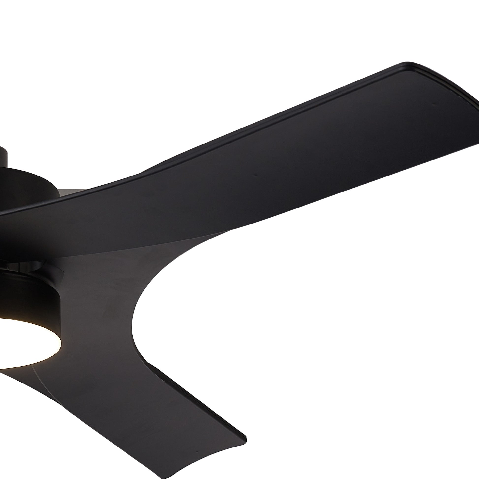 Close-up view of the Ceiling Fans UK MANTRA M8715 Thai Black Ceiling Fan 122cm, featuring a 30W dimmable LED light, built-in 35W DC fan, remote and app control, and a 5-year warranty, shown against a plain white background.