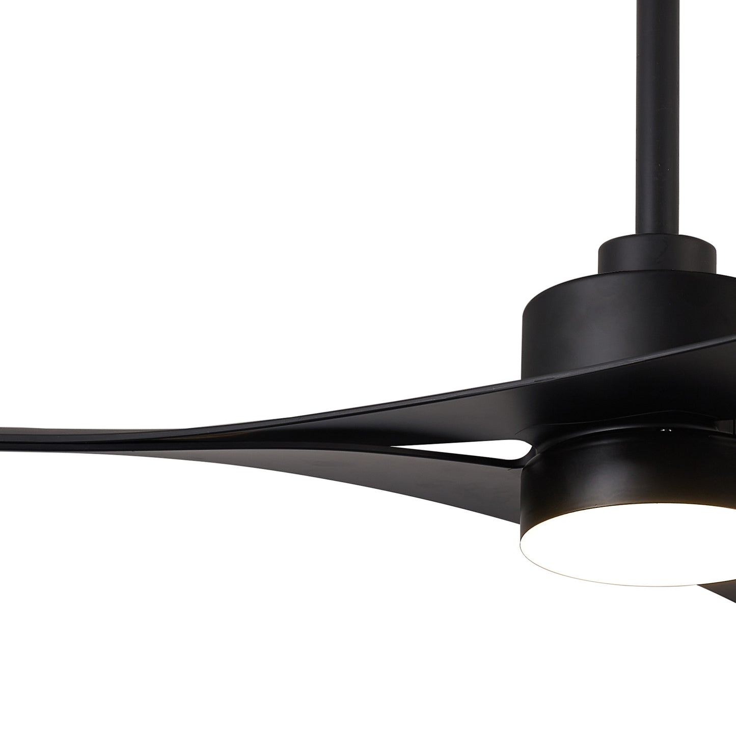 Close-up of the MANTRA M8715 Thai Black Ceiling Fan by Ceiling Fans UK, featuring a 122cm sleek design, dimmable 30W LED ceiling light, 35W DC fan, and smart Remote & APP Control—set against a plain white background. Includes 5-year warranty.