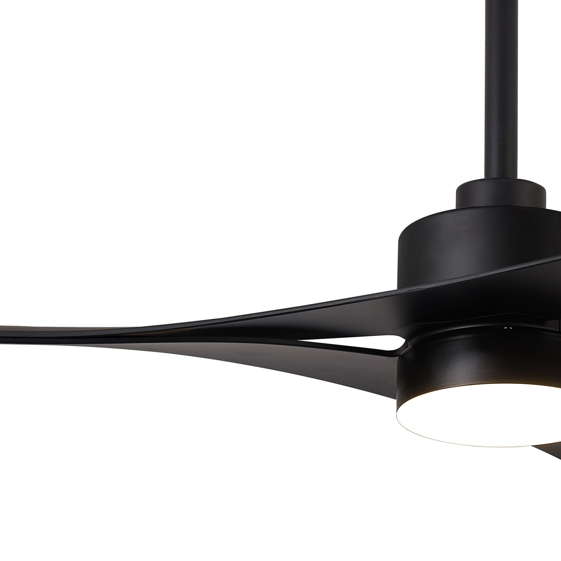 Close-up of the MANTRA M8715 Thai Black Ceiling Fan by Ceiling Fans UK, featuring a 122cm sleek design, dimmable 30W LED ceiling light, 35W DC fan, and smart Remote & APP Control—set against a plain white background. Includes 5-year warranty.