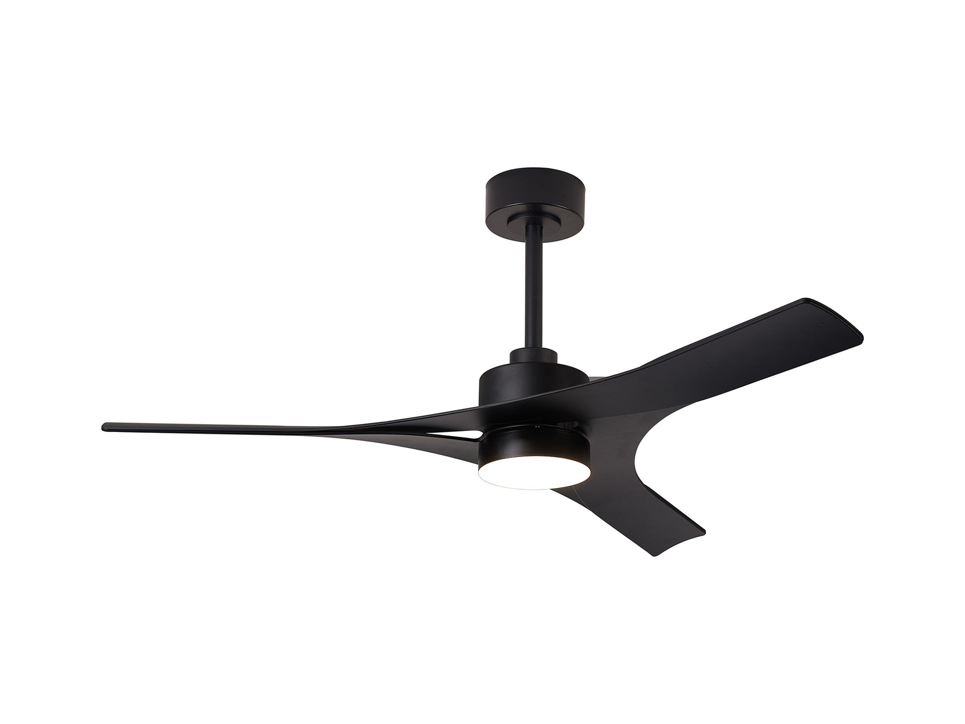 The MANTRA M8715 Thai Black Ceiling Fan by Ceiling Fans UK features 3 sleek blades, a 30W dimmable LED light, built-in 35W DC fan, remote/APP control, short downrod mounting, and a 5-year warranty—modern elegance for any space.