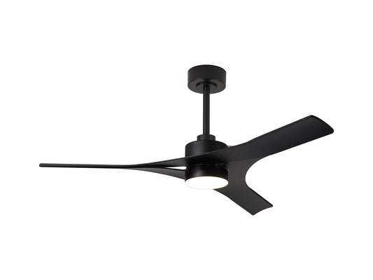 The MANTRA M8715 Thai Black Ceiling Fan by Ceiling Fans UK features 3 sleek blades, a 30W dimmable LED light, built-in 35W DC fan, remote/APP control, short downrod mounting, and a 5-year warranty—modern elegance for any space.