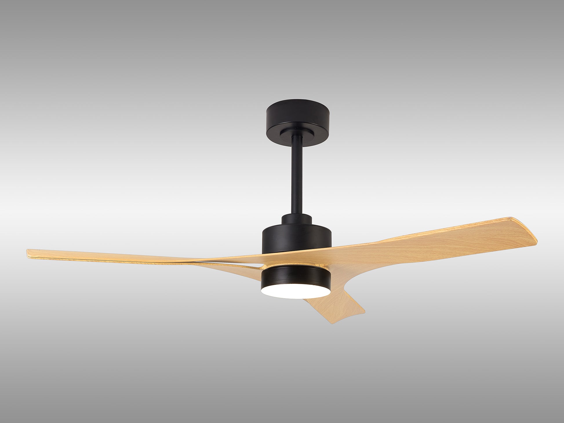 The Ceiling Fans UK MANTRA M8716 is a modern Thai wood/black ceiling fan (122cm) with two wooden blades, a black cylindrical motor, 30W dimmable LED light, built-in 35W DC fan, remote & app control, and 5-year warranty on a gradient background.