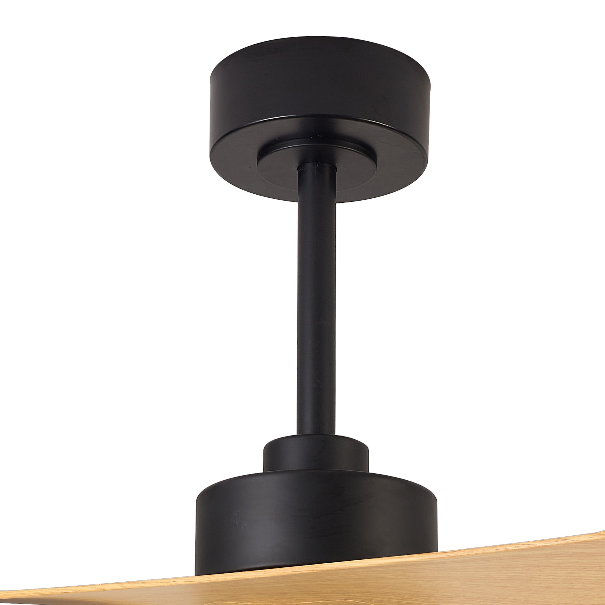 A close-up of the MANTRA M8716 Thai Wood/Black Ceiling Fan with Dimmable 30W LED Light and built-in 35W DC fan, featuring a cylindrical base, visible wood detail, remote & app control. Brand: Ceiling Fans UK.